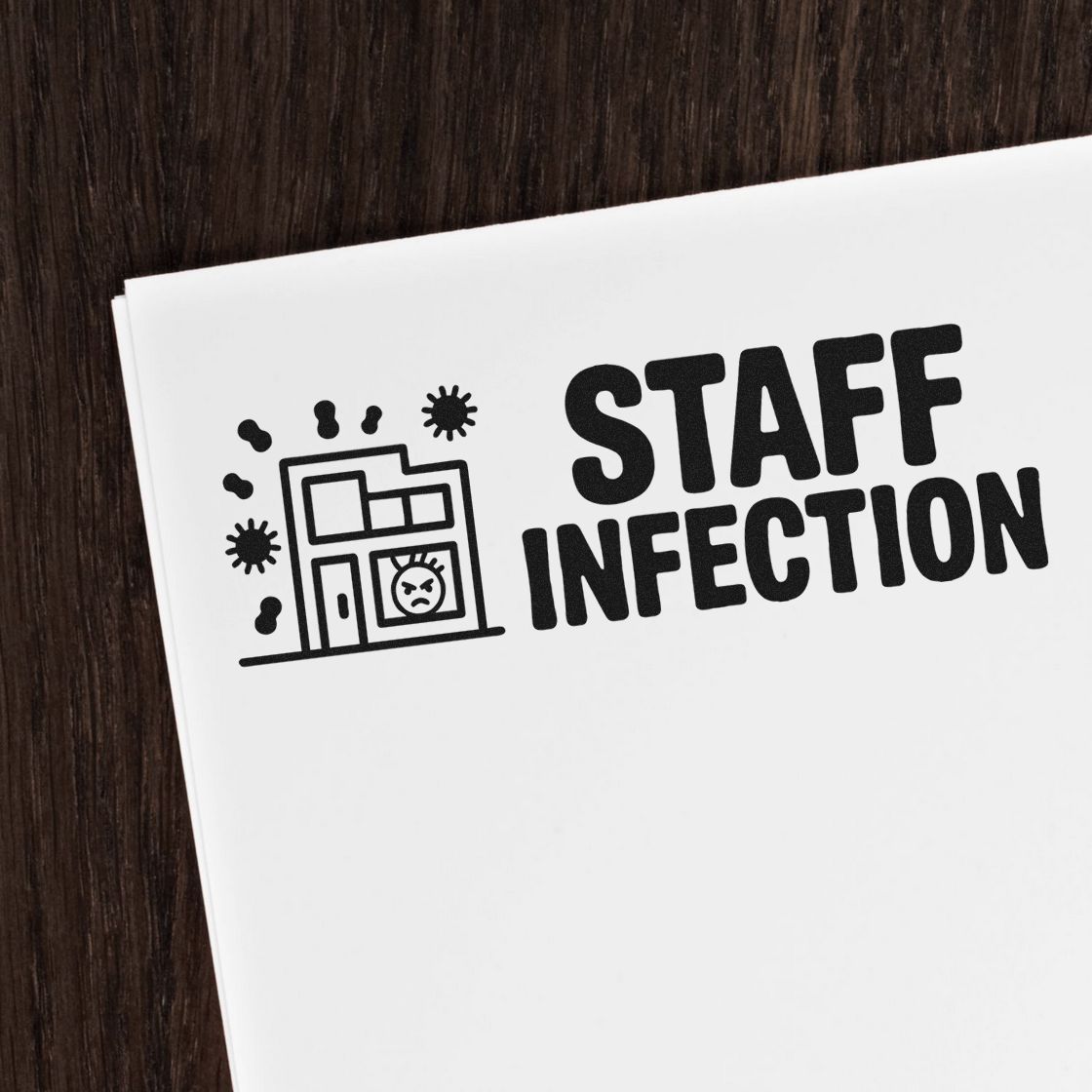 Custom rubber stamp design reading Staff Infection with office building icon for humorous workplace branding.