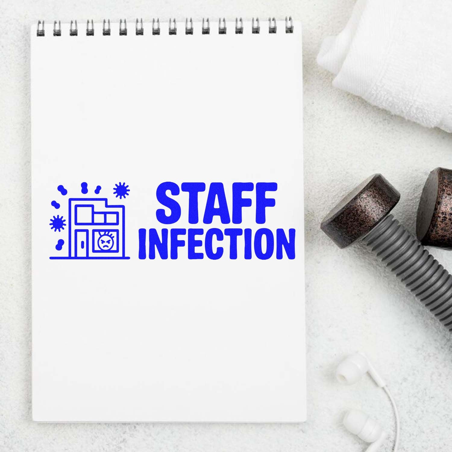 Staff Infection rubber stamp mockup in blue on a notebook, with clinic and germ icon, ideal for healthcare office use.