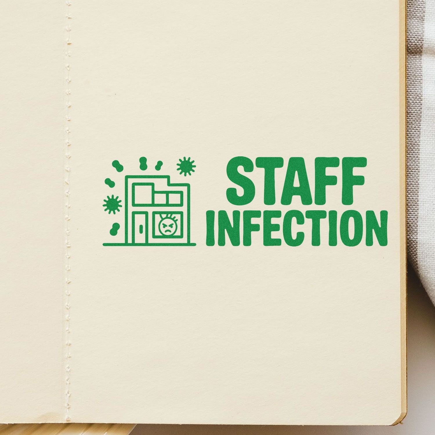Staff infection rubber stamp design with office building and virus icons, ideal for humorous workplace stationery or journaling.