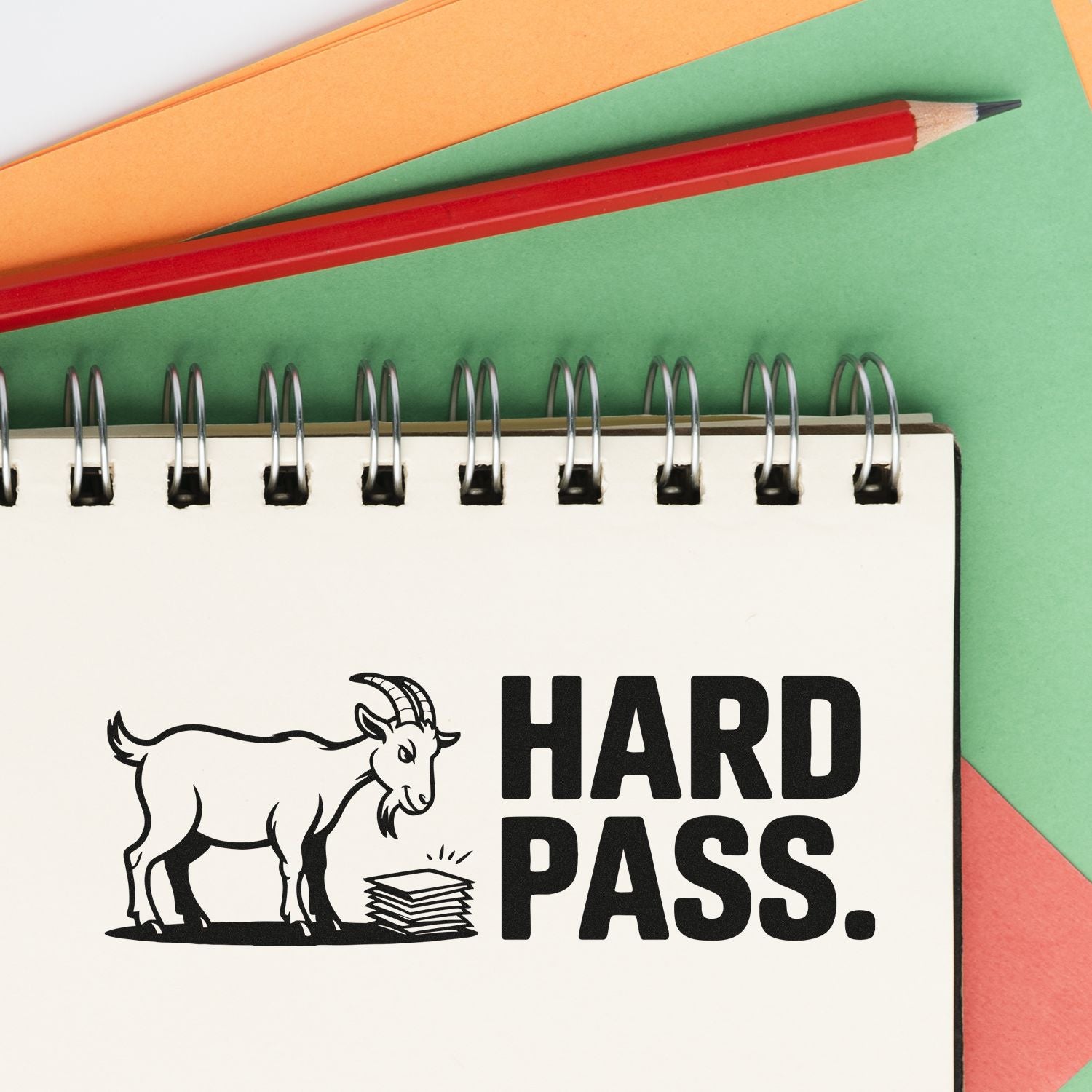 Hard Pass rubber stamp design with goat illustration for playful rejection marking on notebooks and stationery.