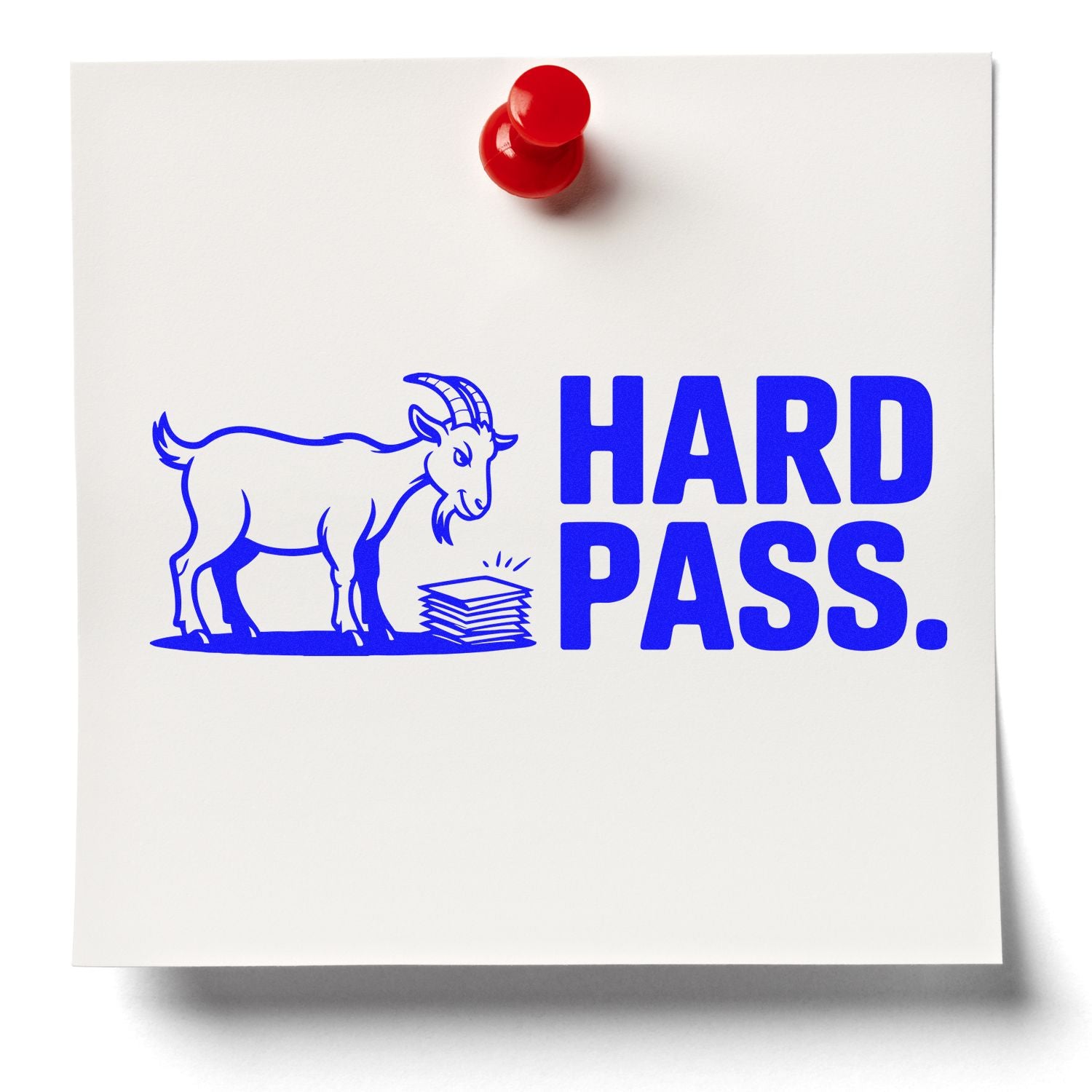 Hard Pass rubber stamp design with goat and paper stack pinned on white sheet, ideal for office rejection messages.