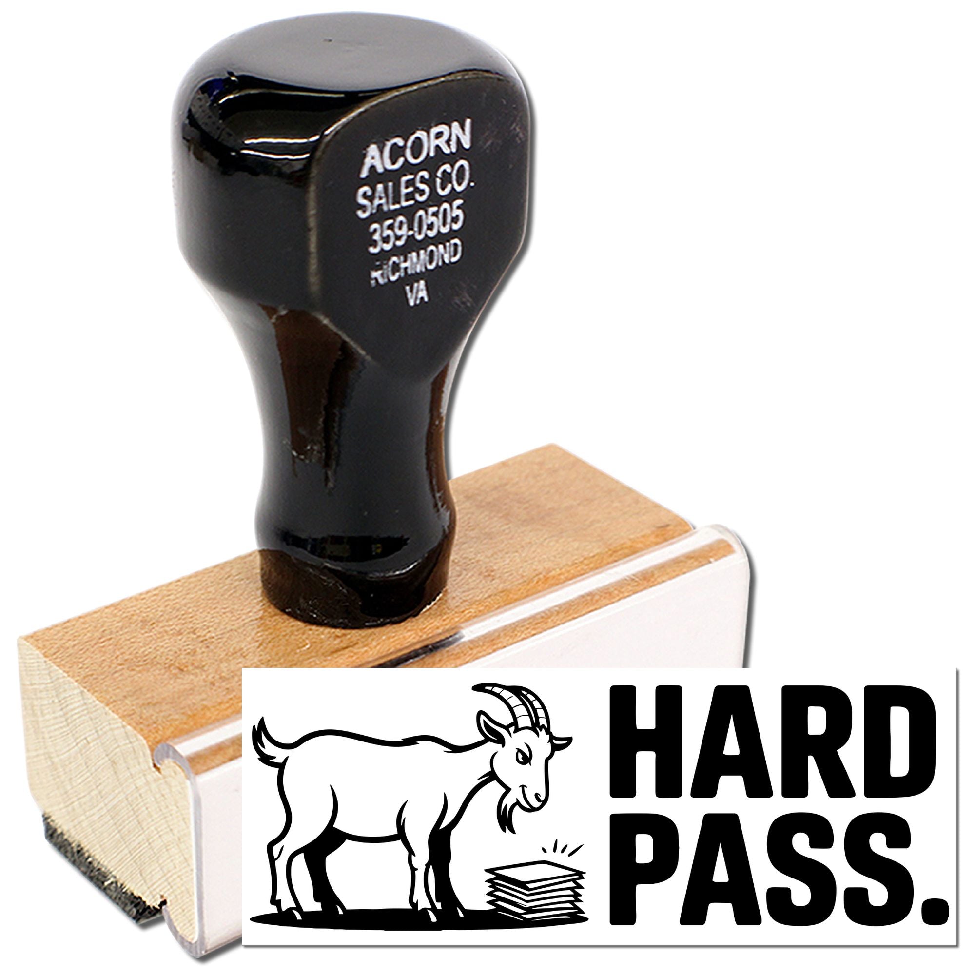Hard Pass rubber stamp with goat graphic for quickly marking rejected documents, forms, or crafts with a bold imprint.