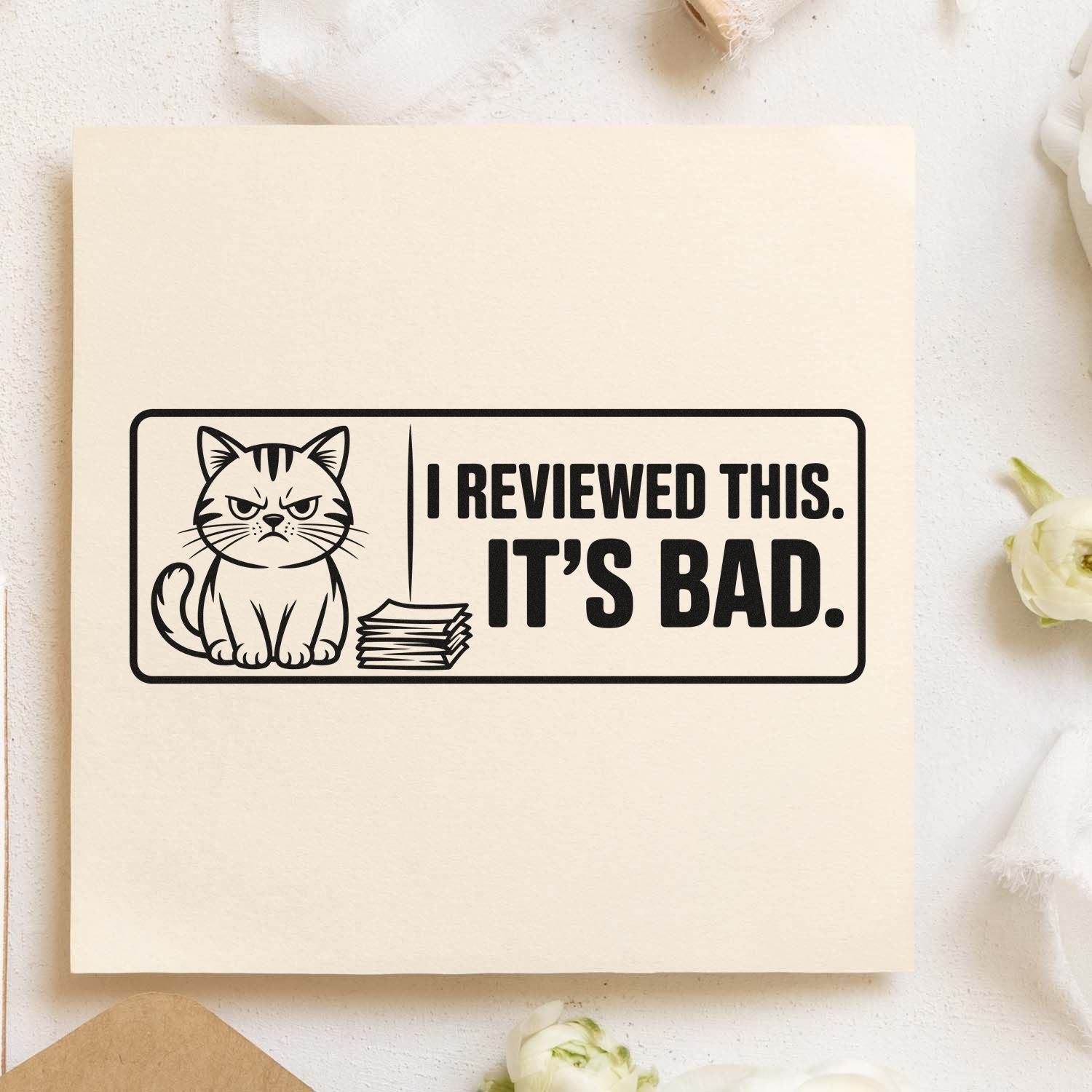 Custom rubber stamp design with grumpy cat and I reviewed this. Its bad. text for office or teacher feedback.