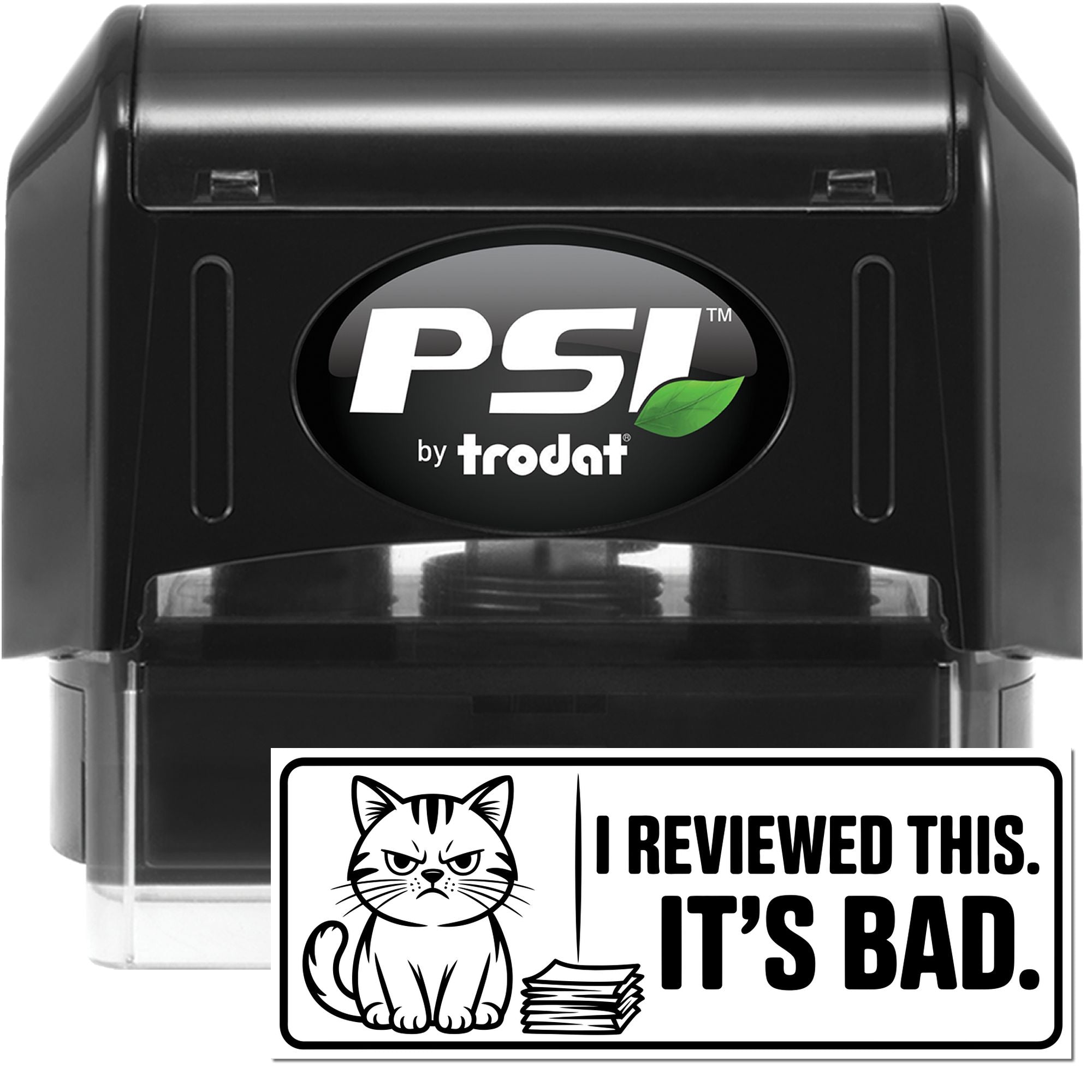 PSI by Trodat self-inking rubber stamp with custom I Reviewed This. Its Bad. review message and cat design.