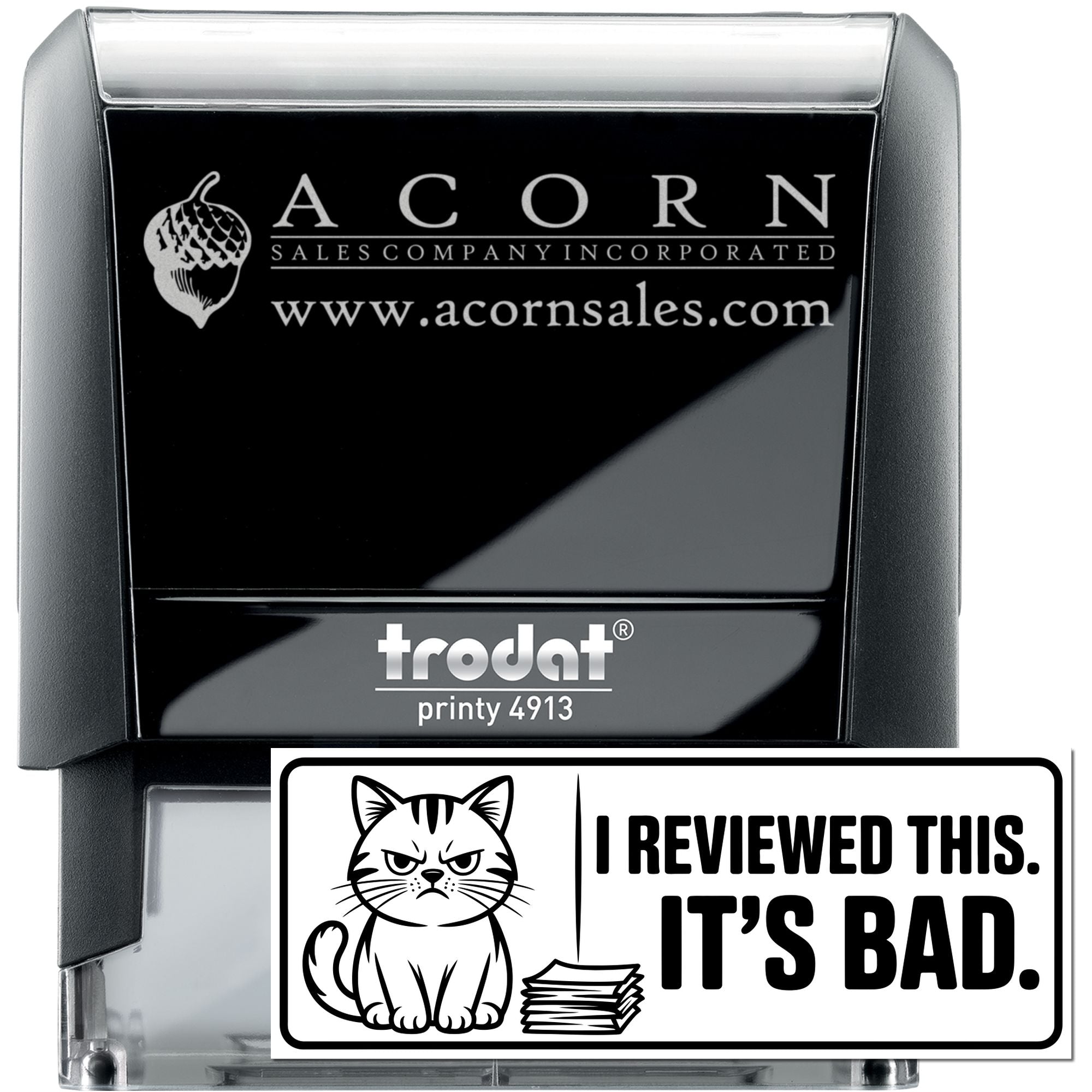 Custom self-inking rubber stamp with Acorn Sales logo and I Reviewed This. Its Bad. review message for office use.