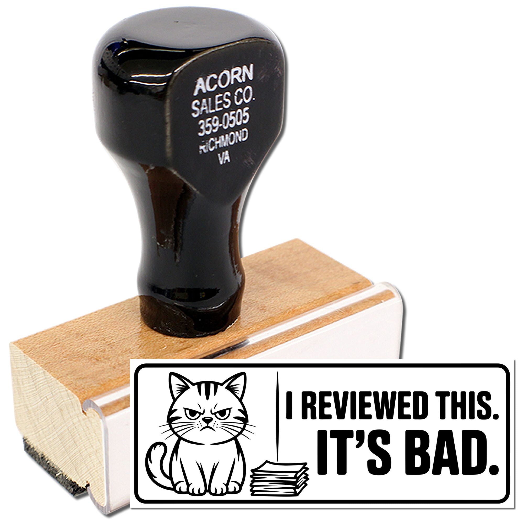Custom rubber stamp with angry cat design and I Reviewed This. Its Bad. text for marking poor reviews or feedback.