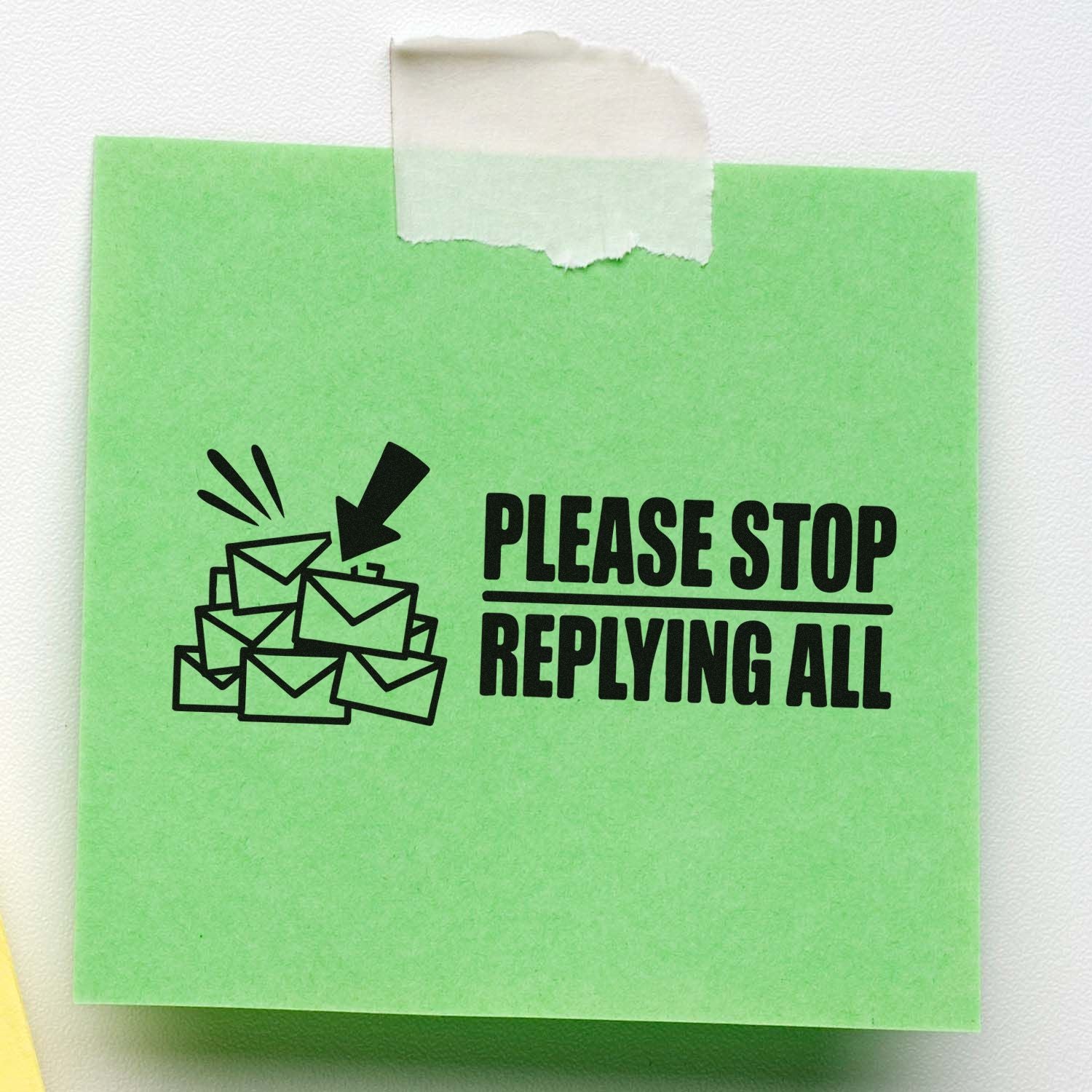 Custom rubber stamp reading Please Stop Replying All with envelope icon, ideal for office email humor and mail sorting.