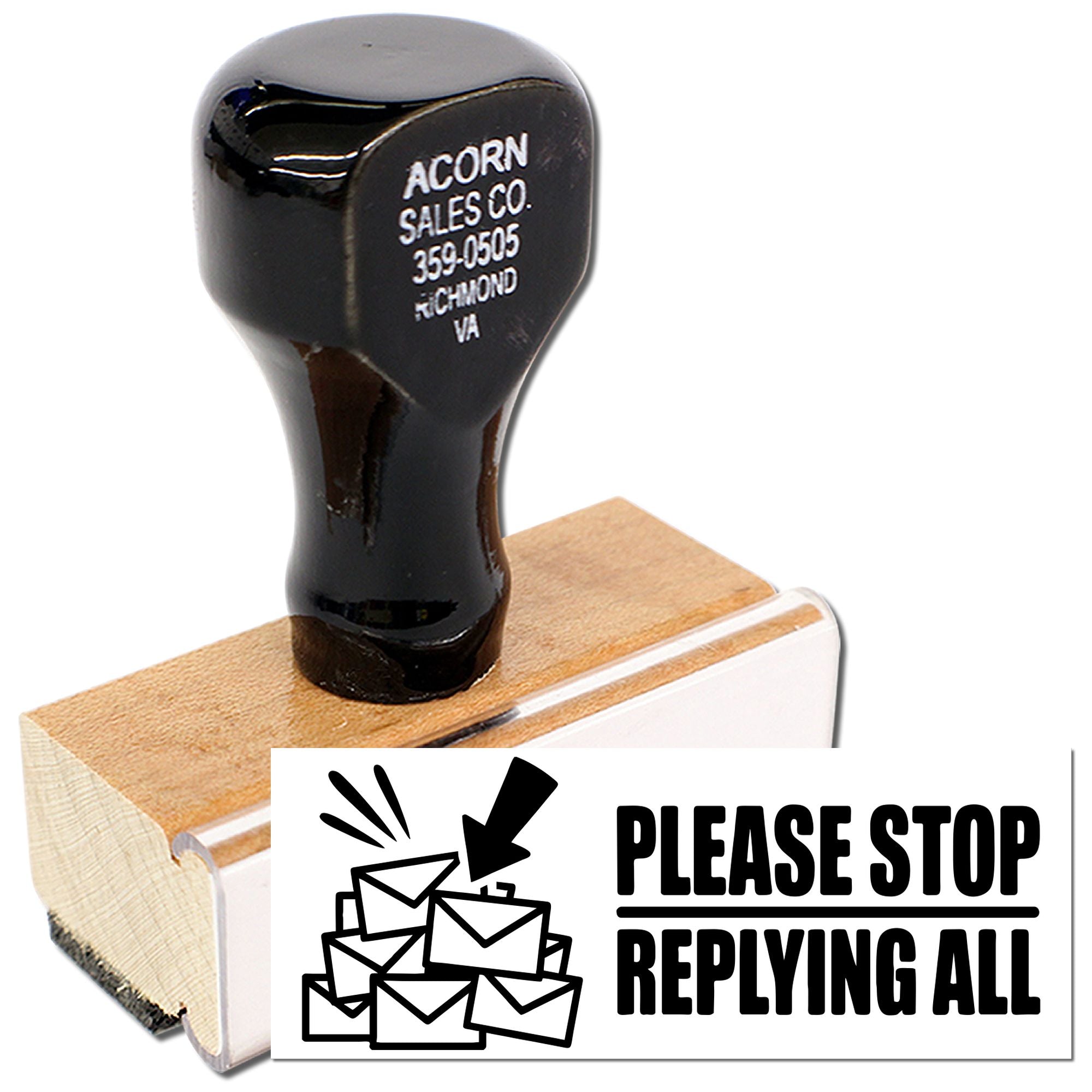 Custom rubber stamp reading Please Stop Replying All with envelope icon for office email reminder humor.