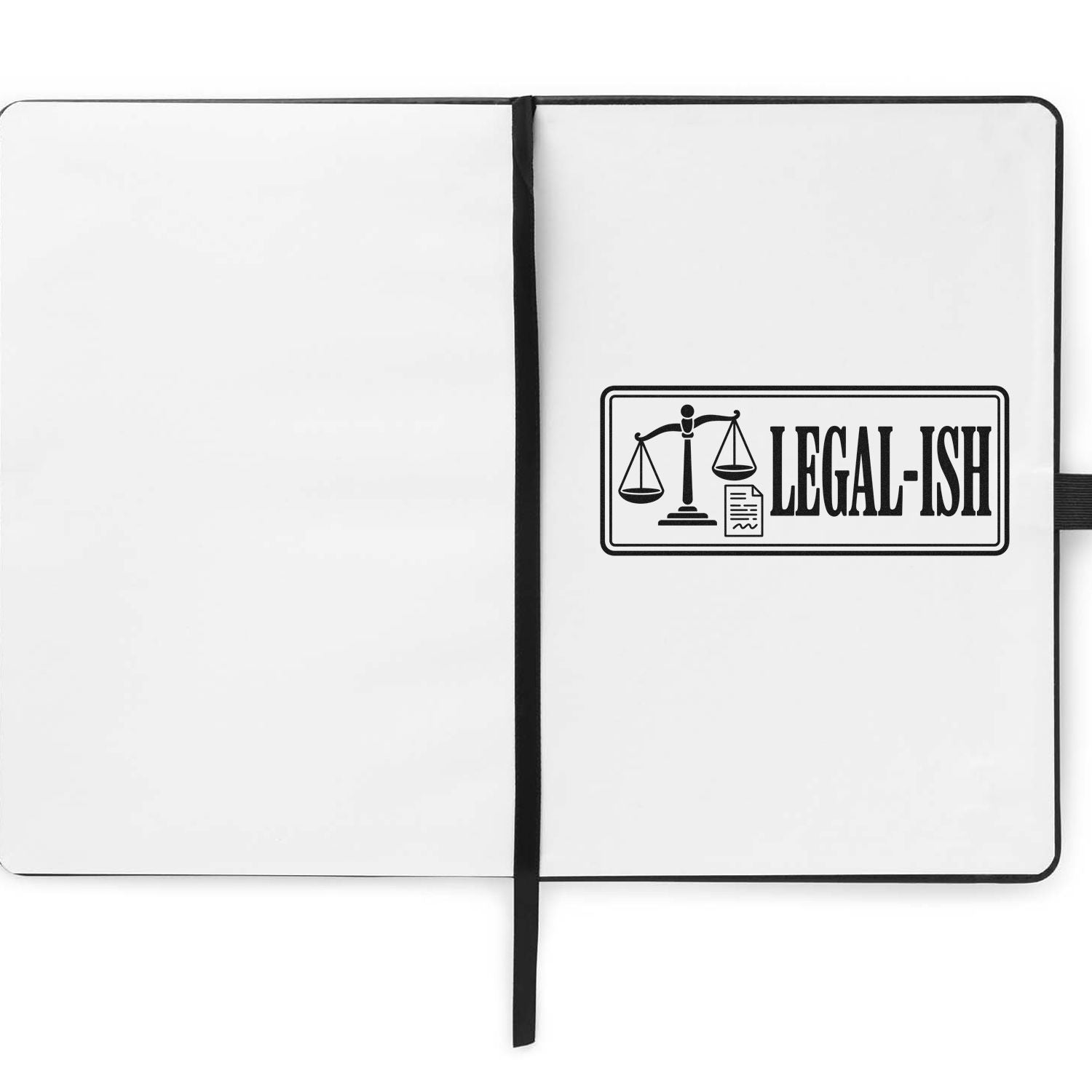 Legal-ISH rubber stamp imprint with scales icon on notebook page, ideal for law-themed office branding and custom stationery.