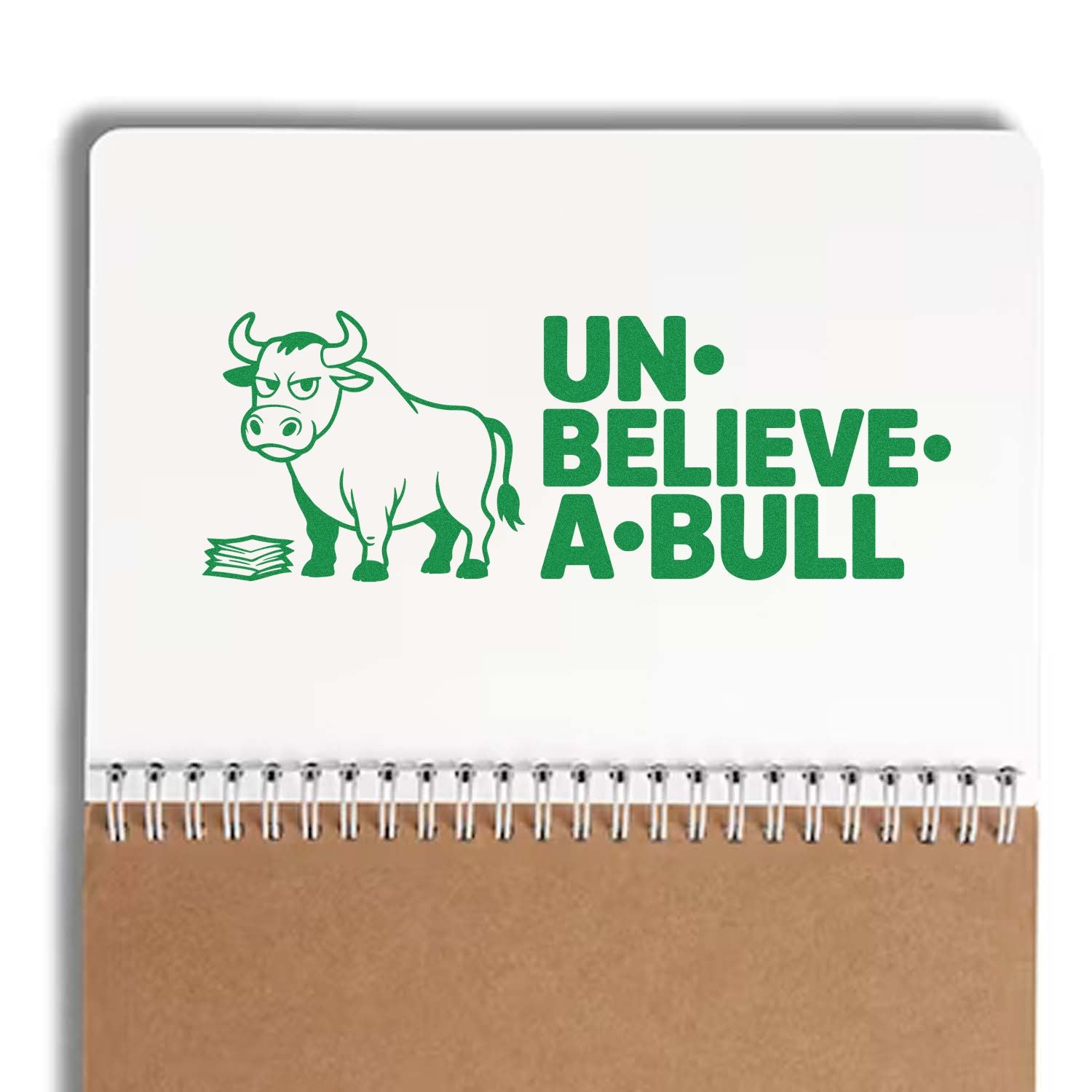 Funny cow rubber stamp design with Un-believe-a-bull pun, ideal for farm-themed cards, journals, and stationery.