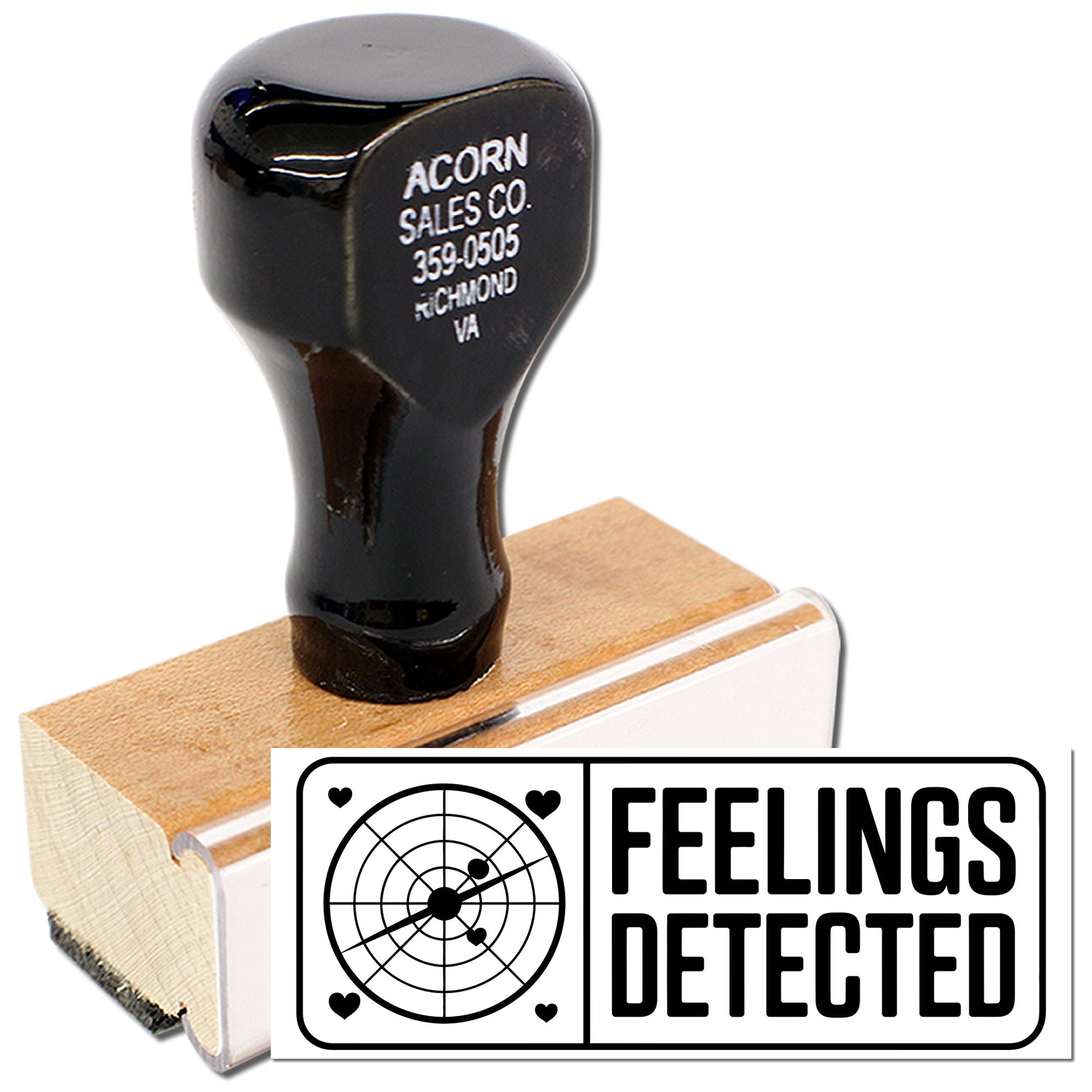Feelings Detected rubber stamp with target and hearts, ideal for custom craft projects and humorous office marking