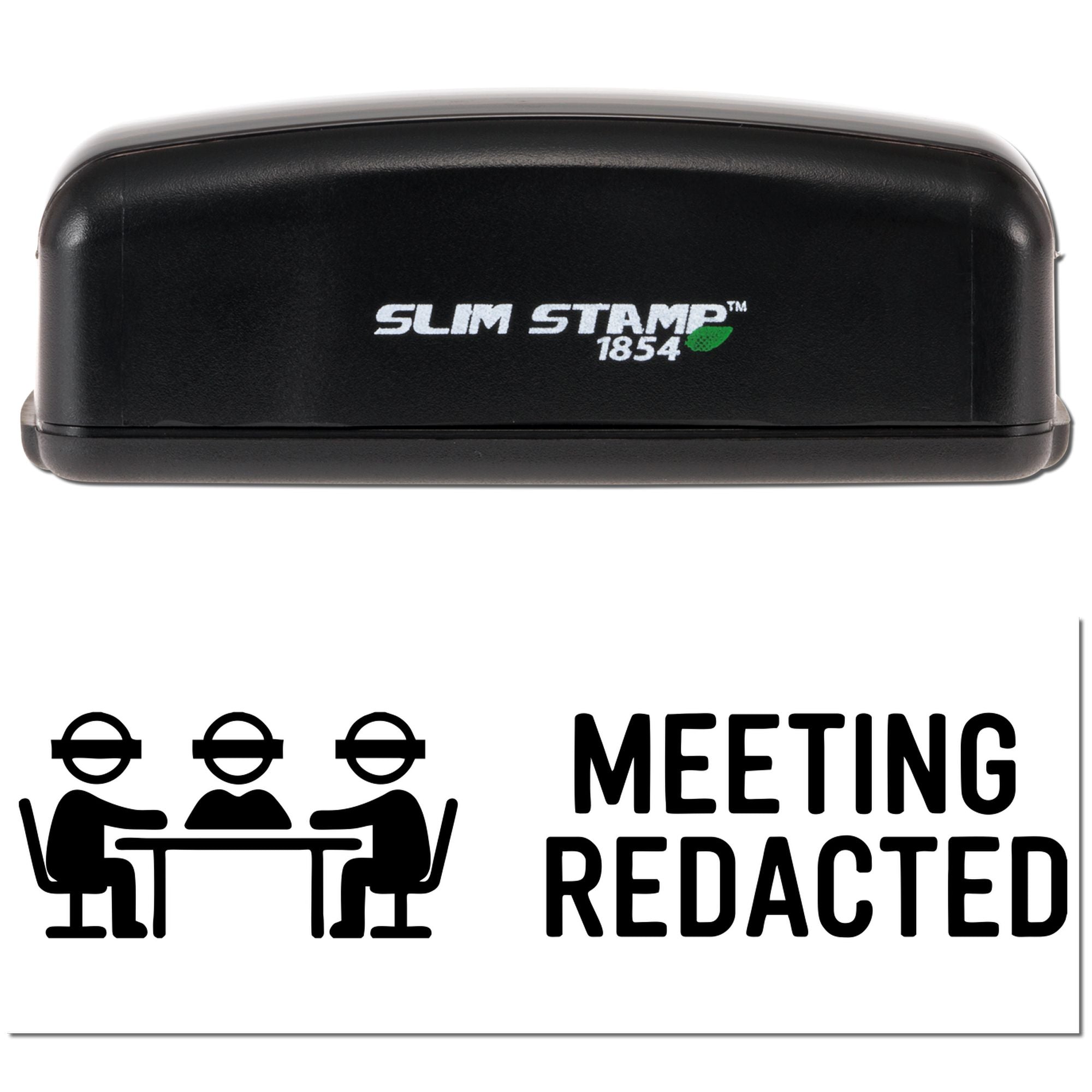 Slim Stamp 1854 rubber stamp showing Meeting Redacted office stamp impression with meeting icon.