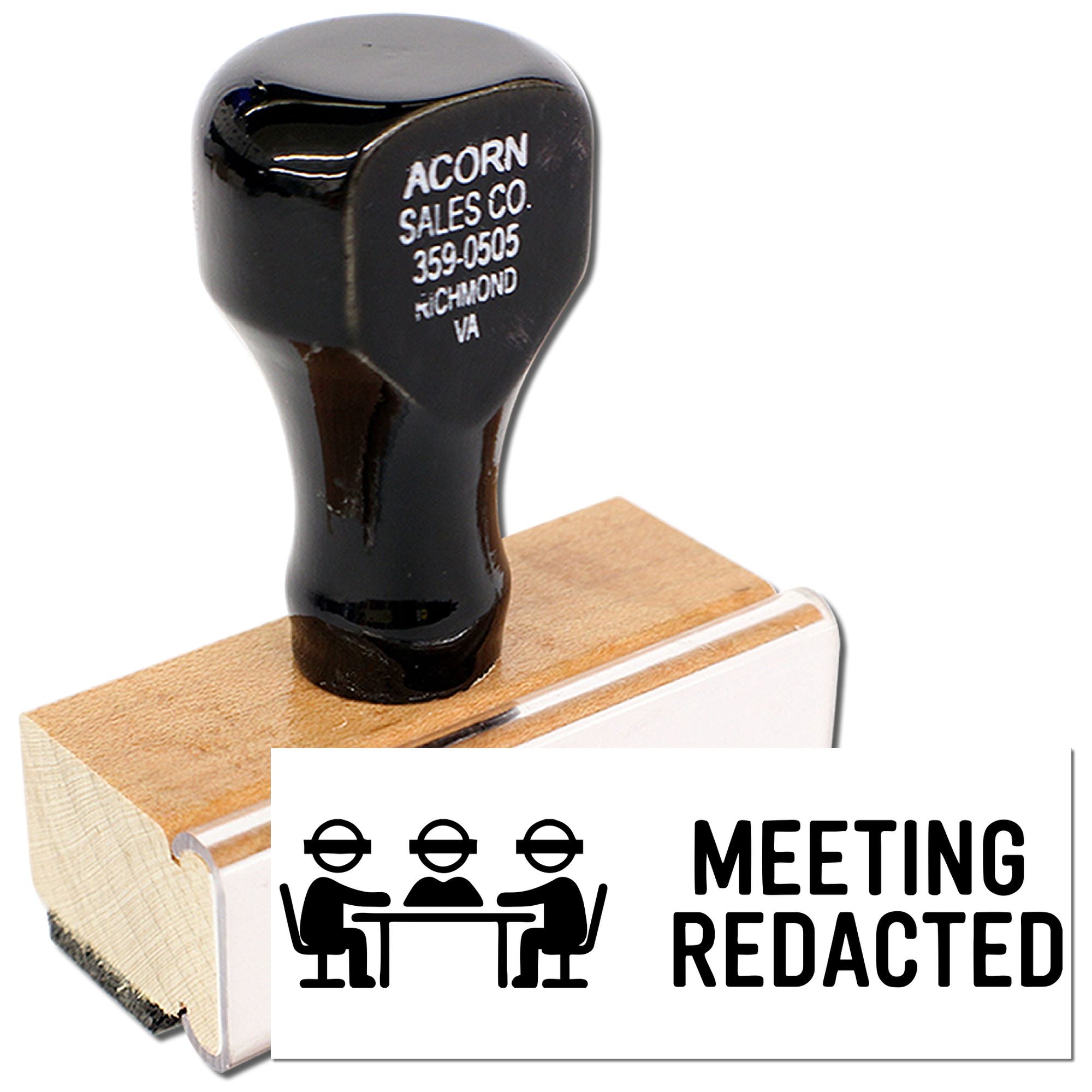 Custom rubber stamp with Meeting Redacted and conference icon for office documents, memos, and legal redaction use.