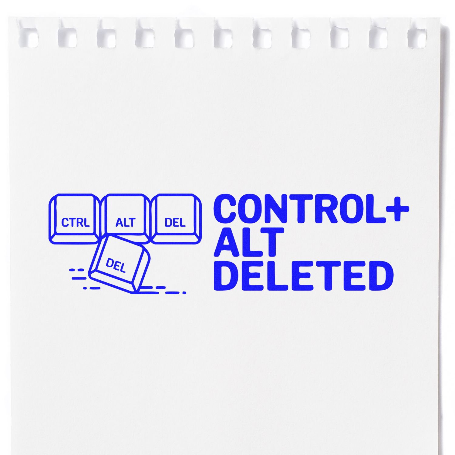 Blue rubber stamp design reading Control Alt Deleted with keyboard keys, perfect for tech humor, office stationery, and custom stamps.
