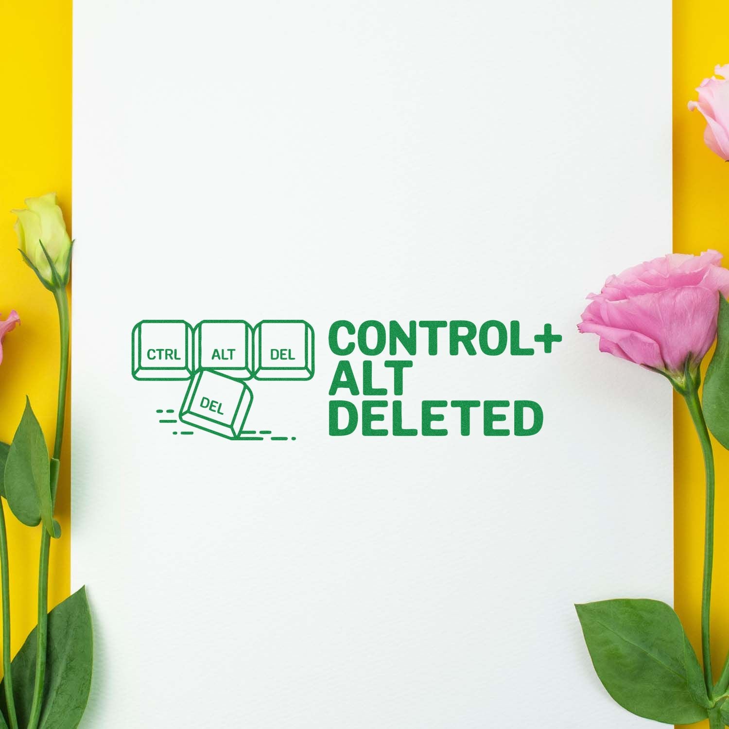 Control Alt Deleted rubber stamp design in green on paper, a humorous keyboard-style stamp for tech and office projects.