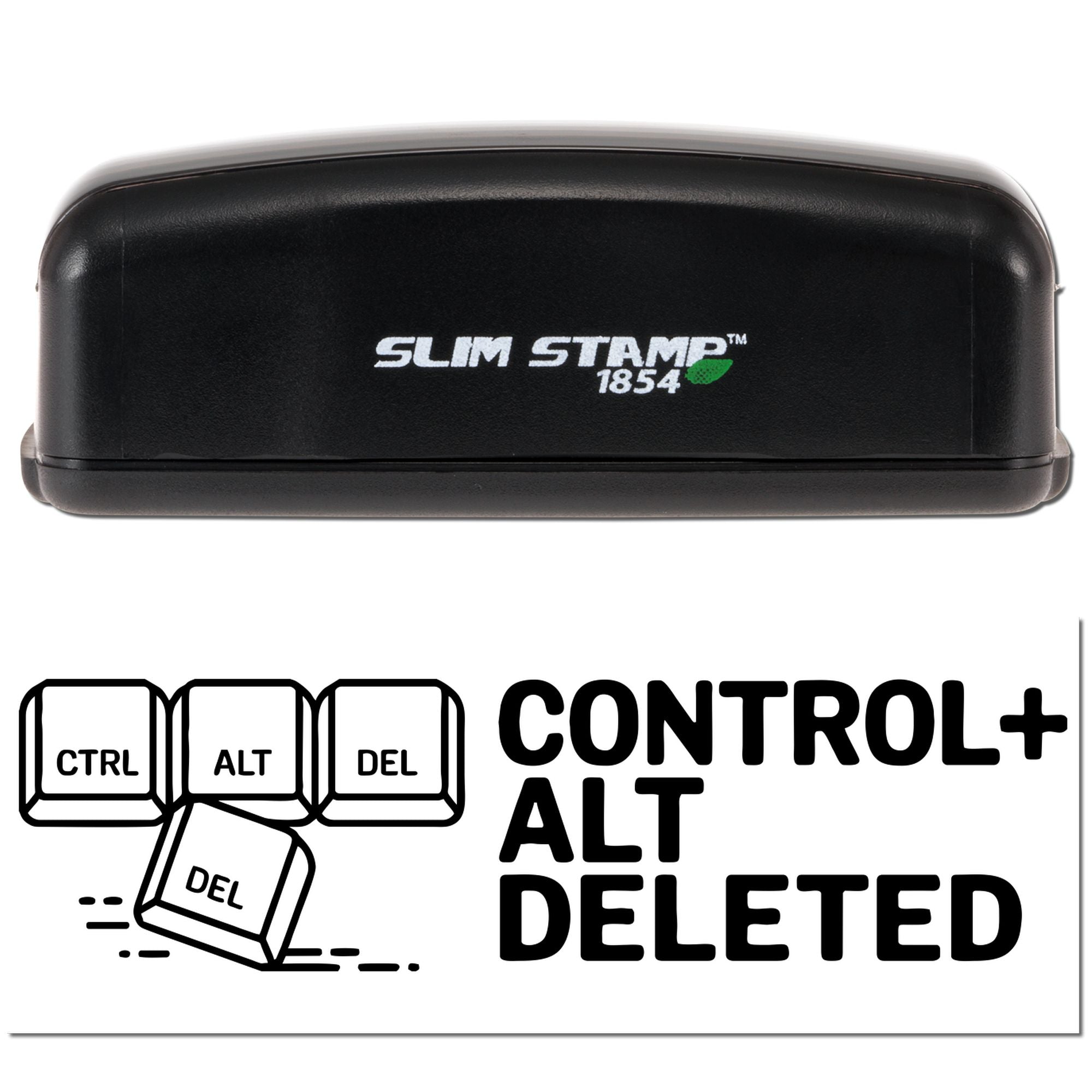 Slim Stamp 1854 self-inking rubber stamp with Ctrl Alt Deleted design for tech-themed office and novelty stamping