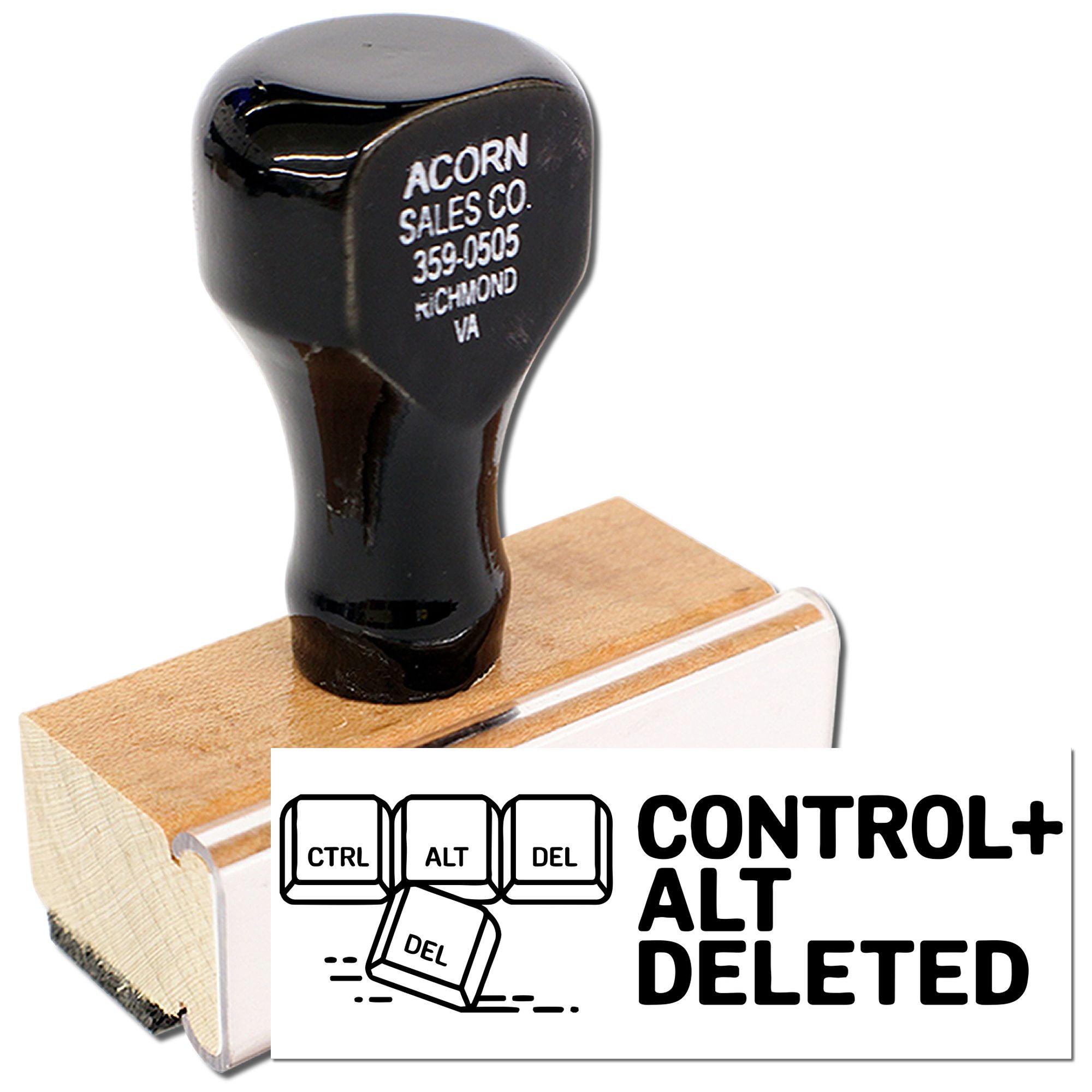 Custom wood handle rubber stamp with Control Alt Delete imprint for office documents and tech-themed novelty use.