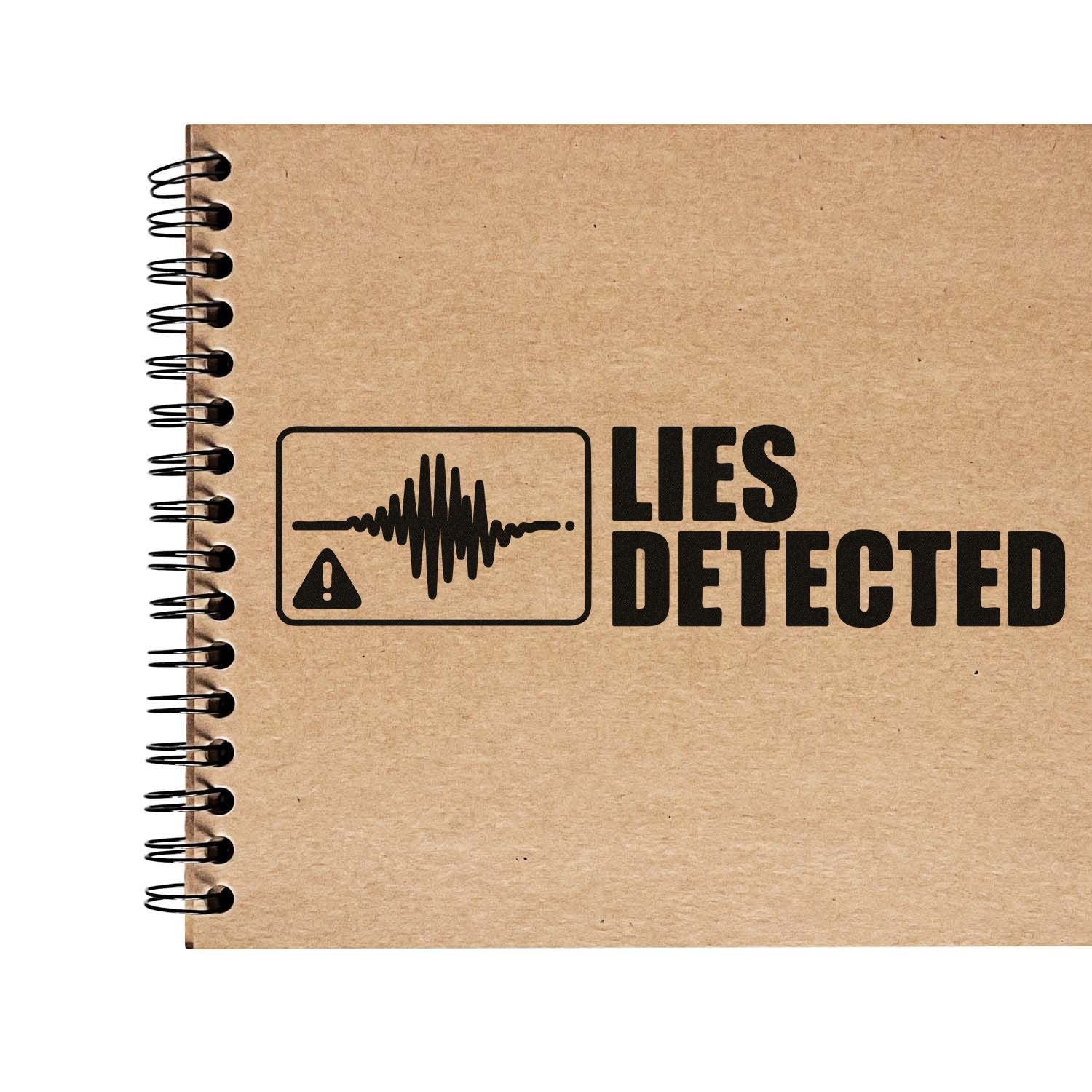 Lies Detected rubber stamp design with waveform warning icon for office documents, prank gifts, and craft projects.