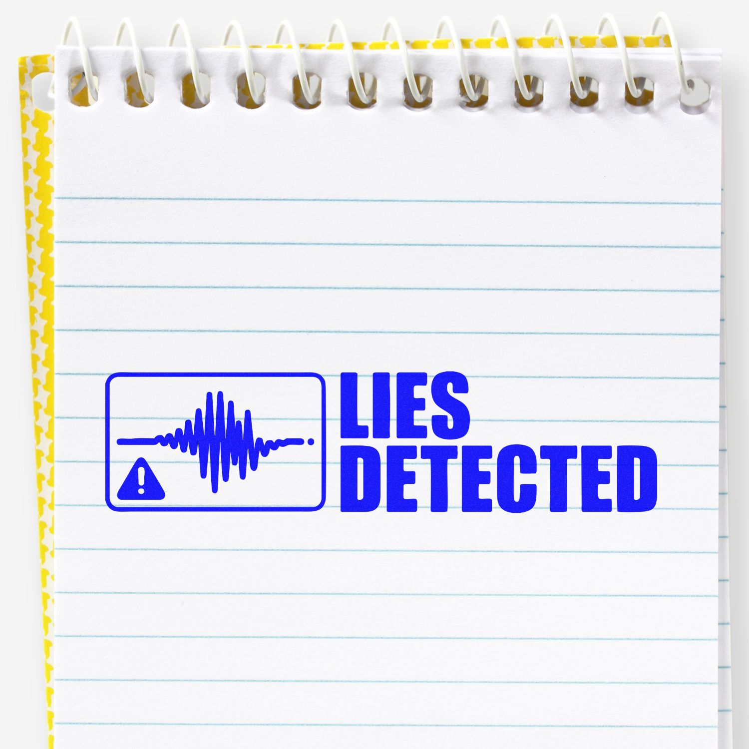 Rubber stamp design reading Lies Detected with warning waveform icon on a notebook page for office or novelty stamping.