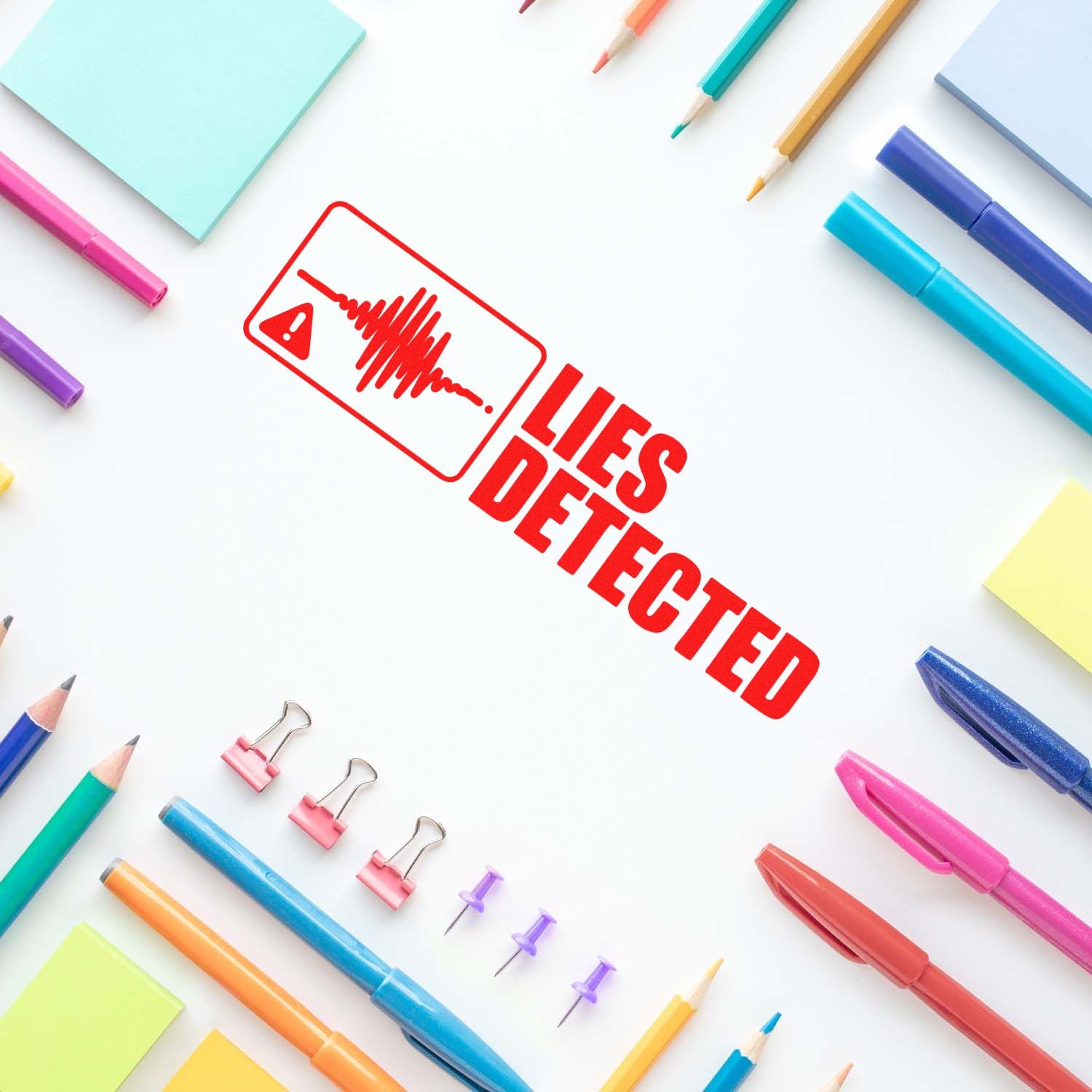 Red Lies Detected rubber stamp with warning icon, ideal for novelty office supplies and truth-checking stationery.