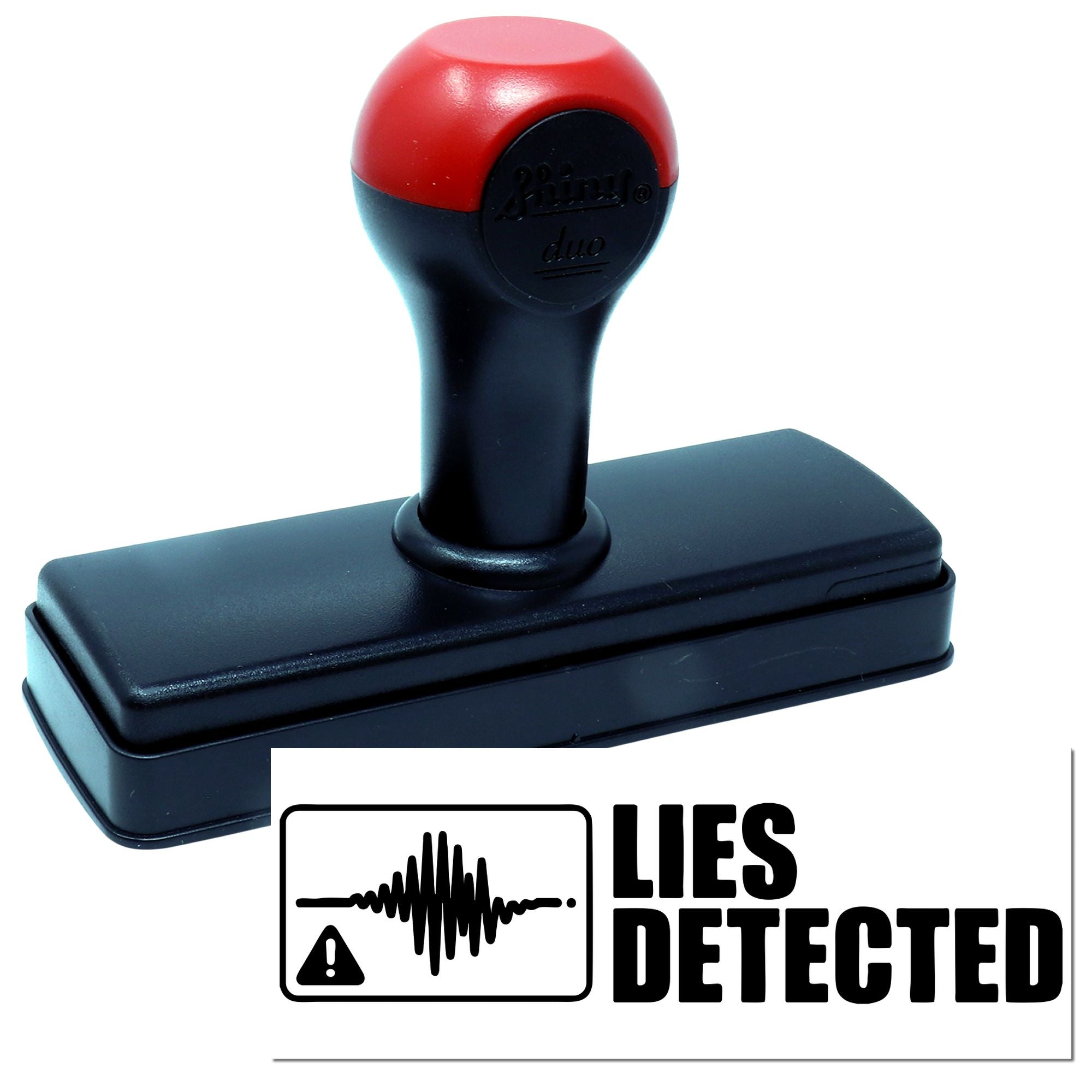 Self-inking rubber stamp with LIES DETECTED imprint for novelty office use, prank gifts, and truth-checking.
