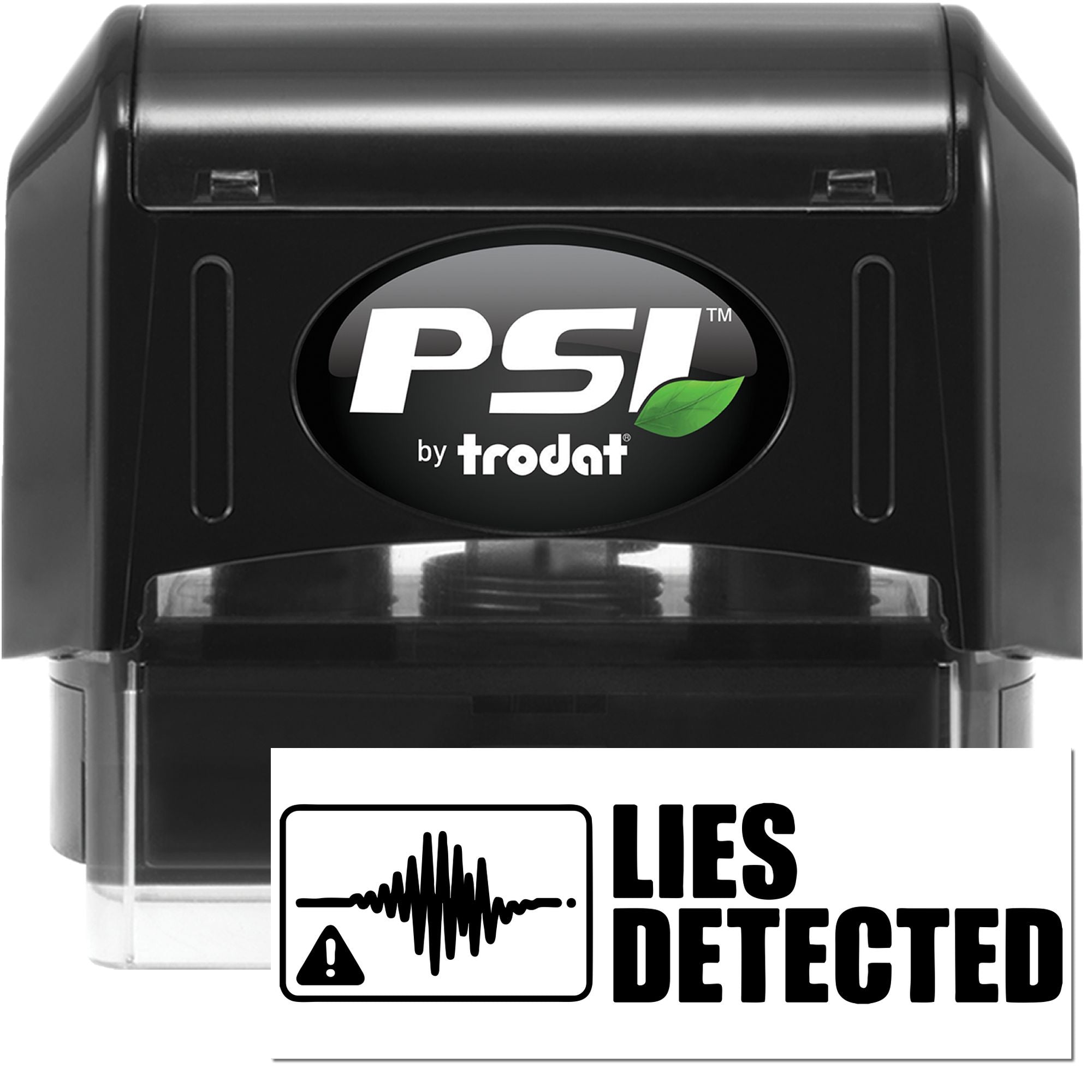 PSI by Trodat self-inking rubber stamp with custom Lies Detected imprint for office, legal, or novelty stamping.