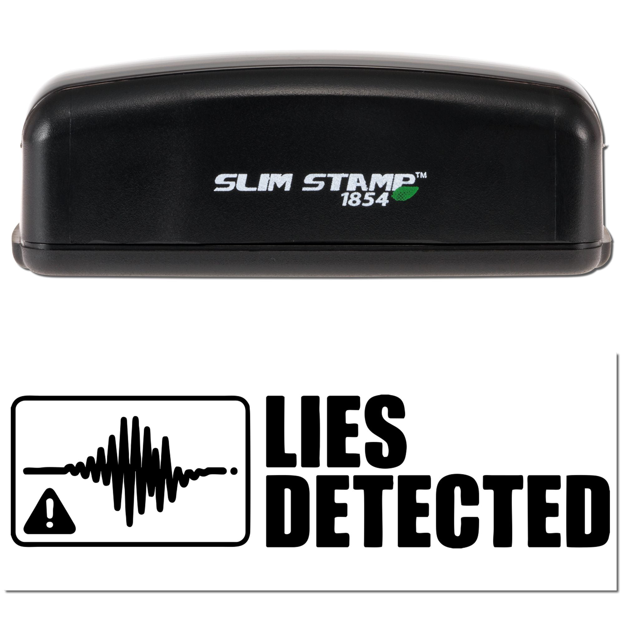 Slim Stamp 1854 rubber stamp showing Lies Detected imprint with waveform icon