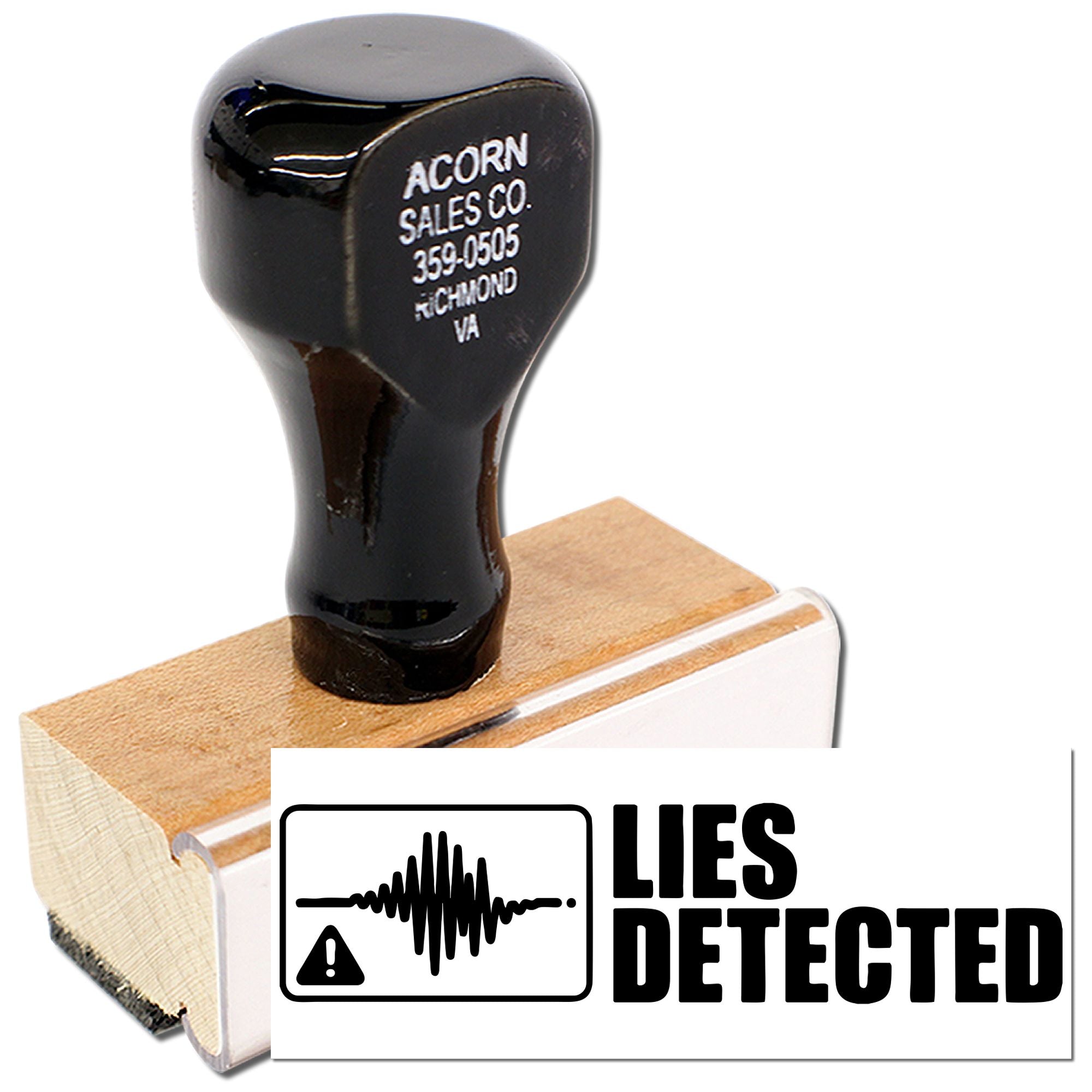 Custom rubber stamp with Lies Detected warning graphic for marking false statements and humorous office use.