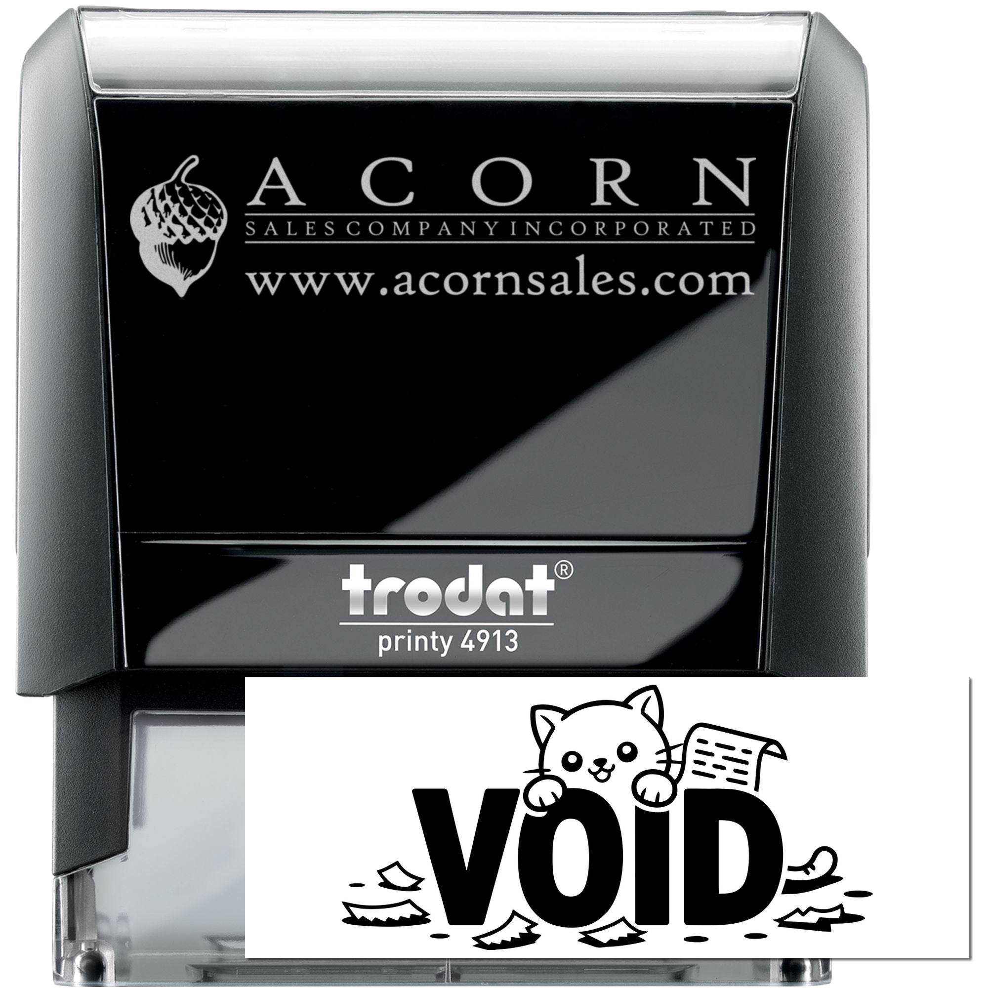 Custom self-inking rubber stamp with ACORN Sales Company logo and website, plus VOID imprint for document marking.