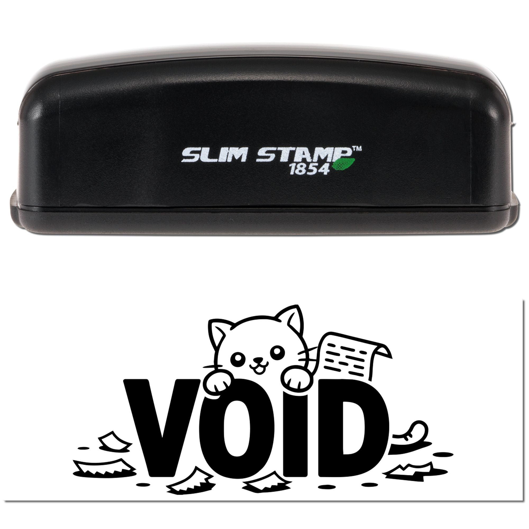 Slim Stamp 1854 self-inking rubber stamp with VOID cat design for marking documents void or canceled.
