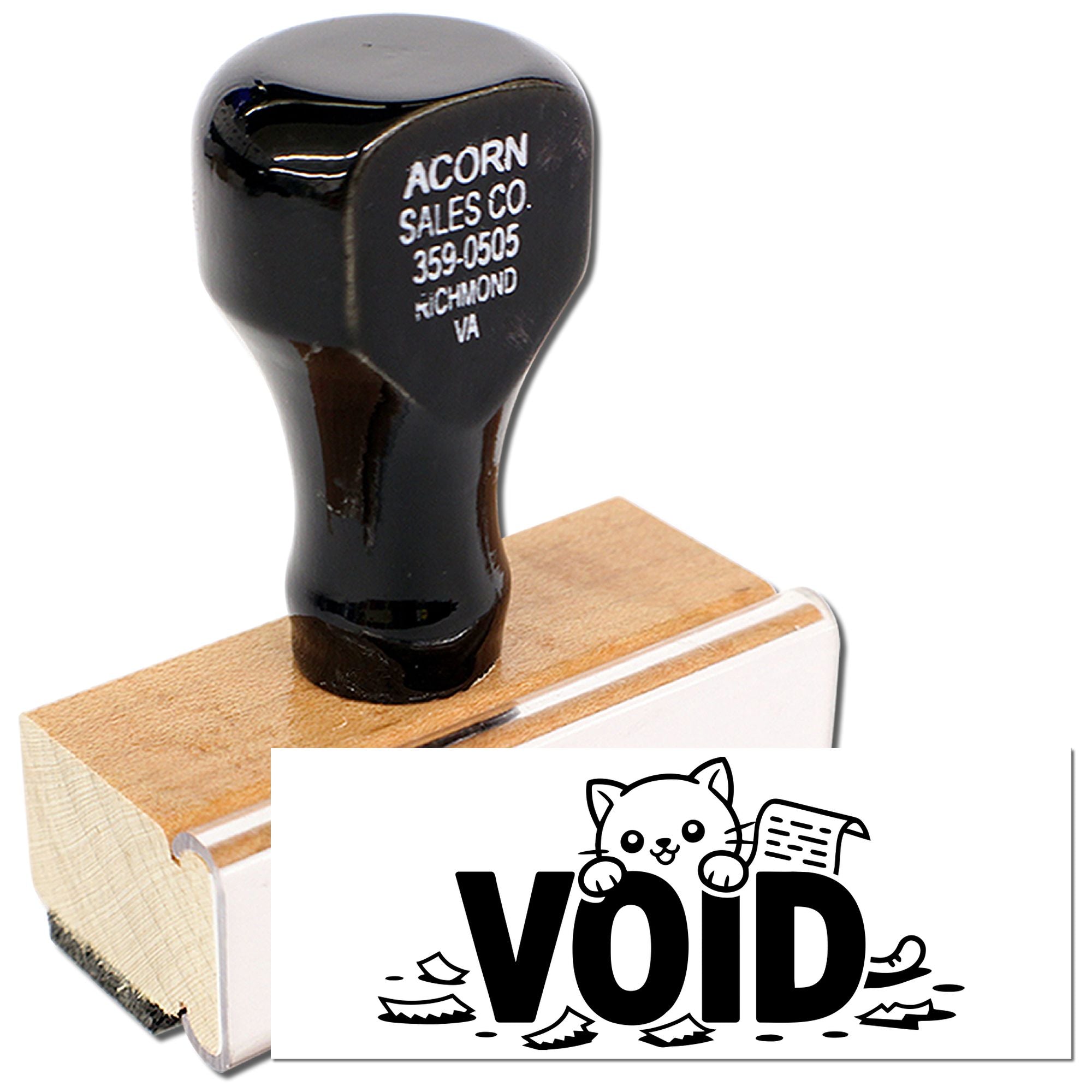 Custom rubber stamp with business name and phone number, shown with a VOID document stamp impression.