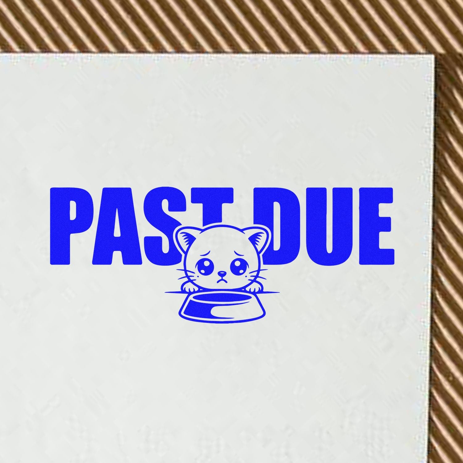 Past Due cat rubber stamp design with sad kitten and bowl, perfect for overdue notices and pet shop mail.