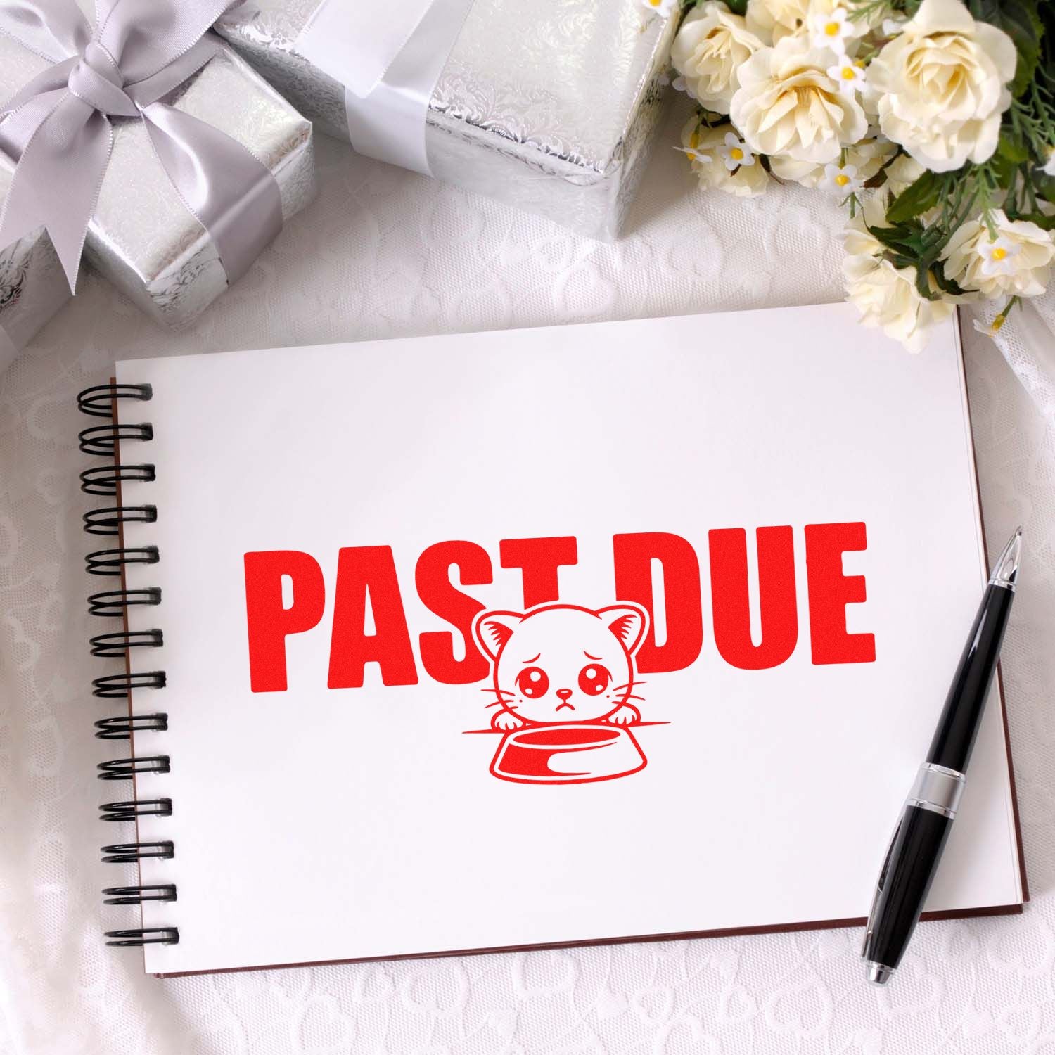 Past due rubber stamp design on notebook with red overdue notice and cat icon for billing, office, or payment reminders.