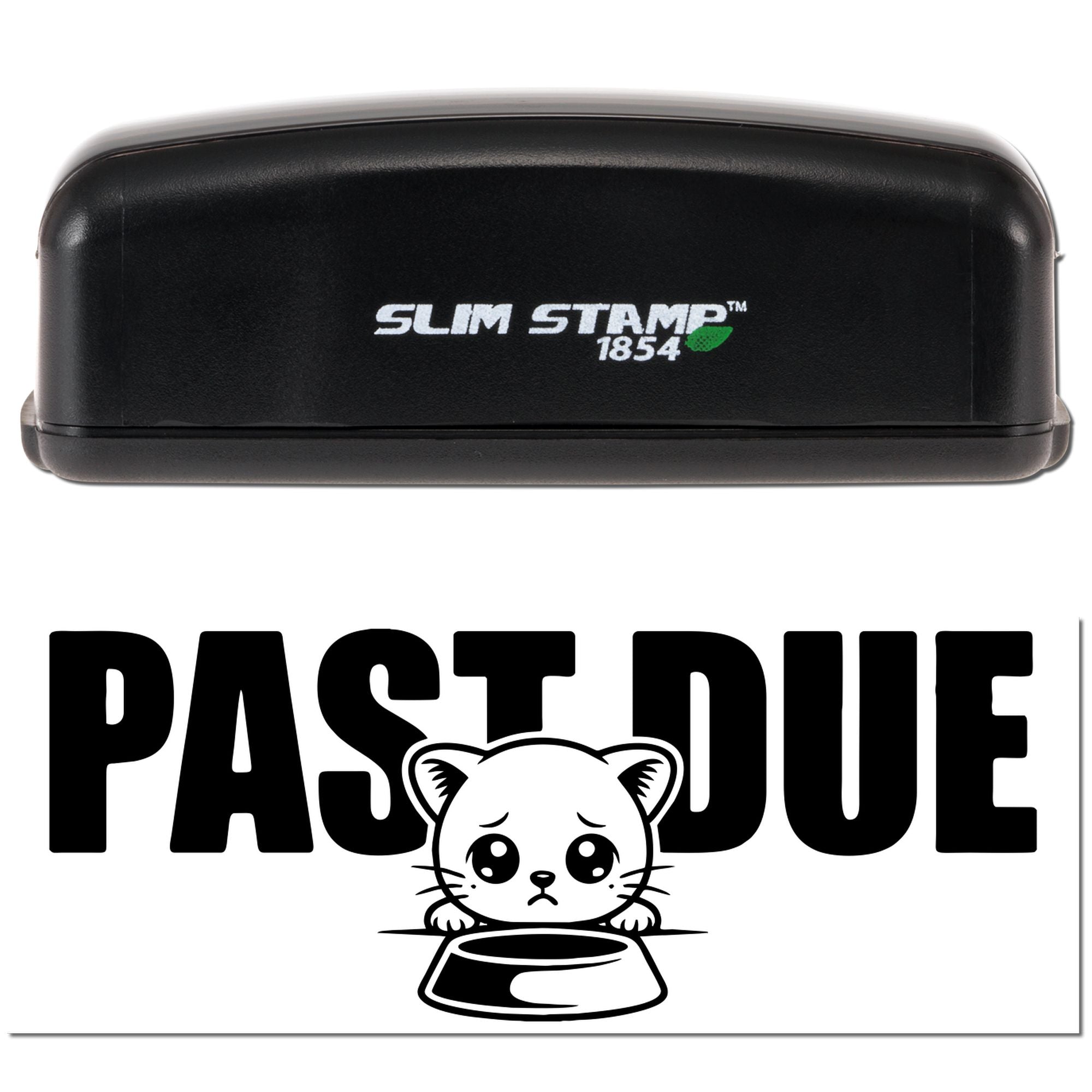 Slim Stamp 1854 self-inking rubber stamp with Past Due cat design for marking overdue invoices and bills.