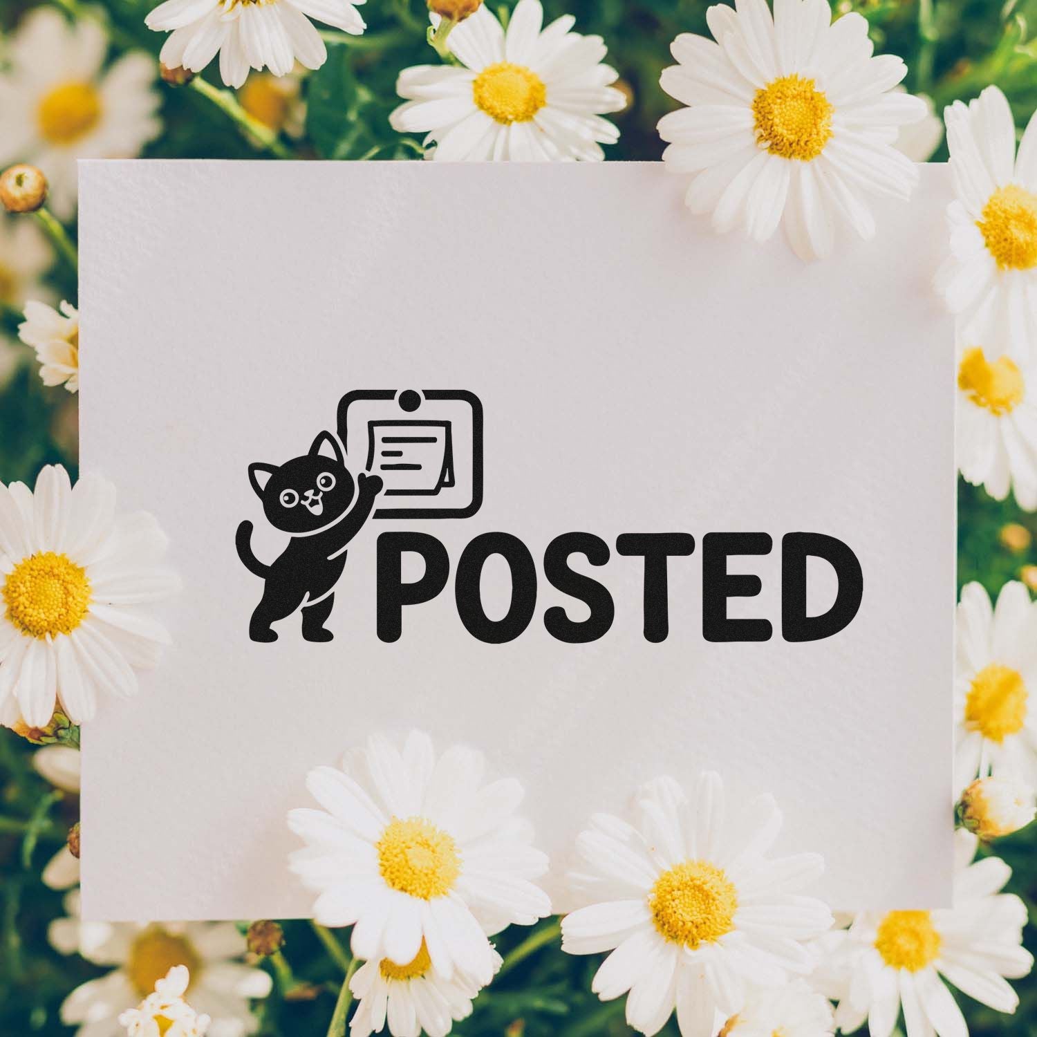Custom posted rubber stamp with cat mail icon for office mail, shipping labels, and planner organization.