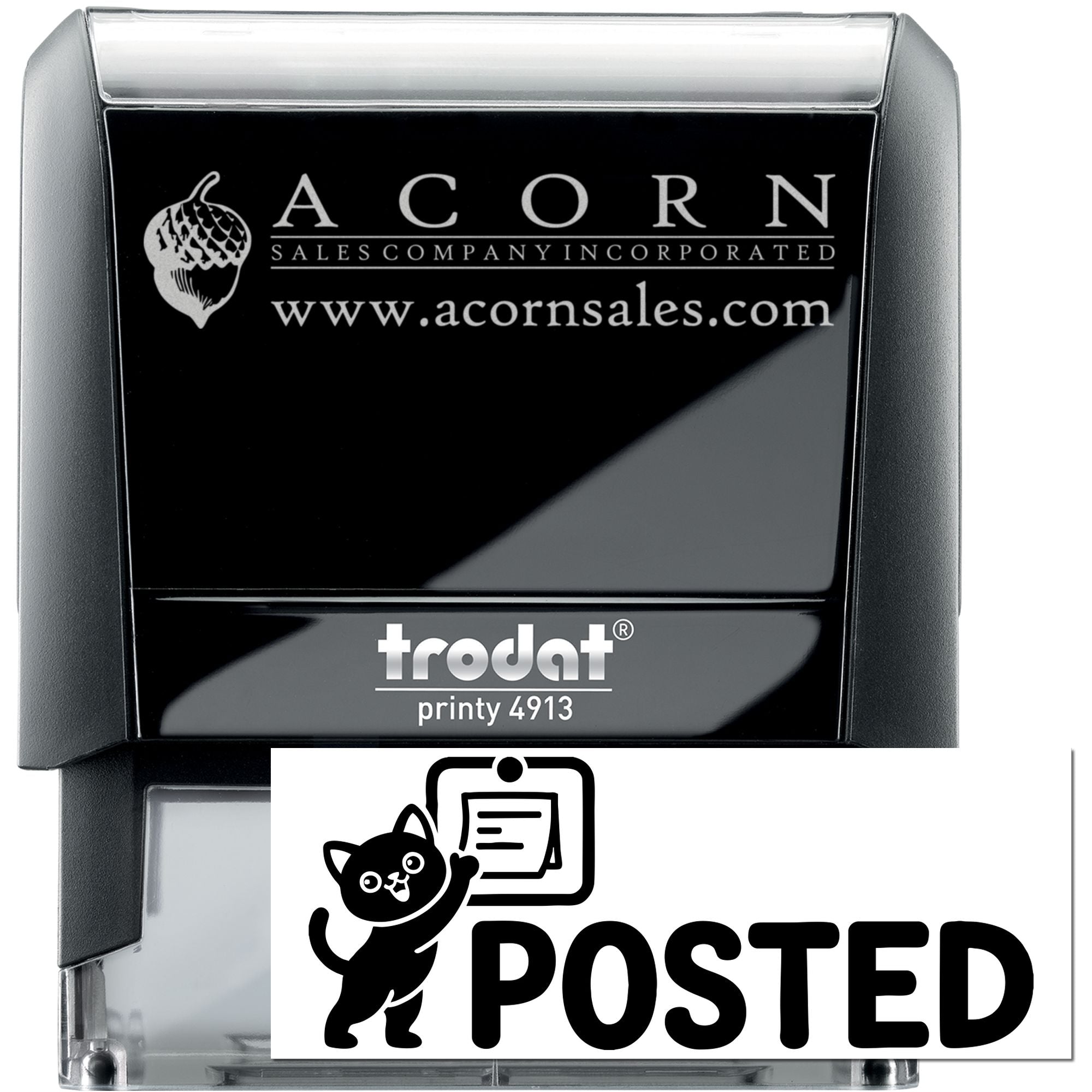 Custom Trodat Printy 4913 self-inking rubber stamp with Acorn Sales Company logo and website for business branding.