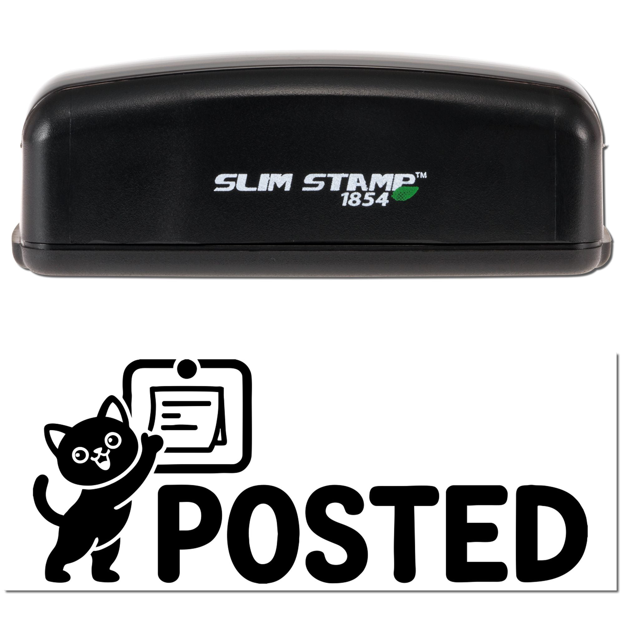 Slim Stamp 1854 self-inking rubber stamp with custom Posted cat logo for mail, documents, and branding.