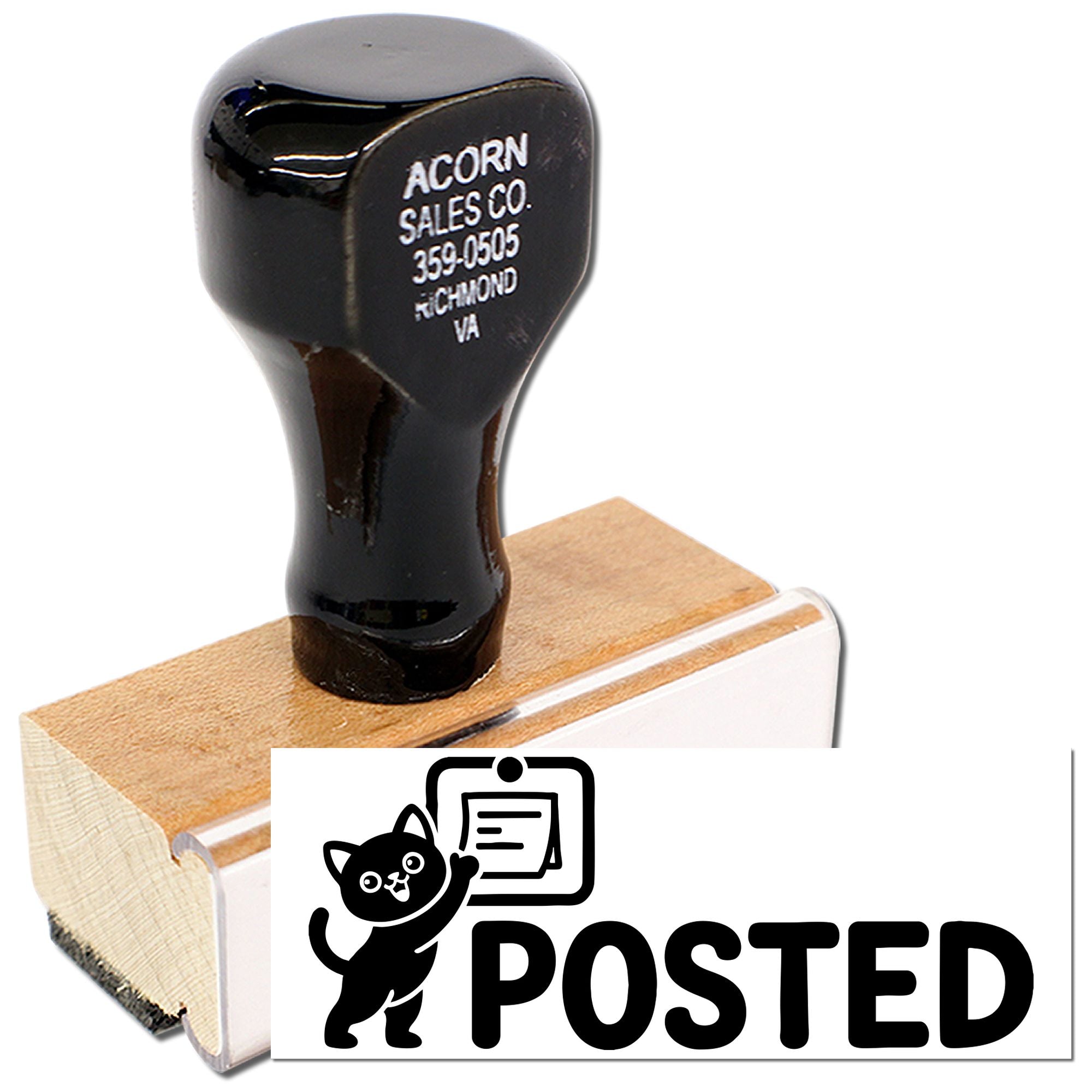Wooden rubber stamp with POSTED cat logo, ideal for business mail, shown with Acorn Sales Co. handle.