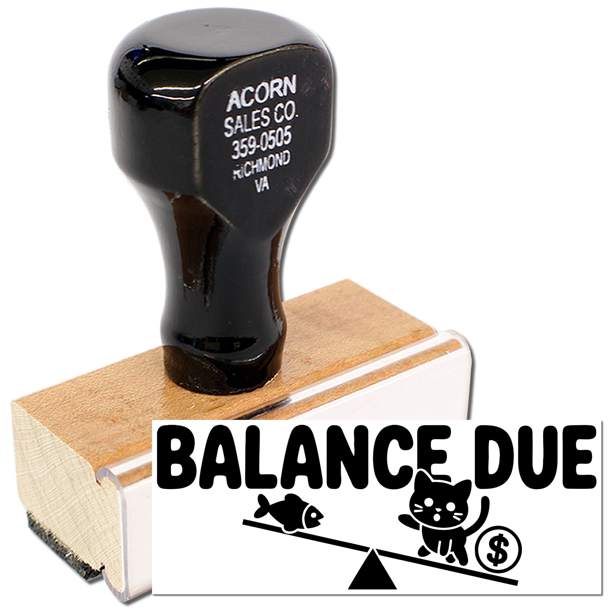 Balance due rubber stamp with cat and fish design, custom office stamp for invoices and payment reminders.