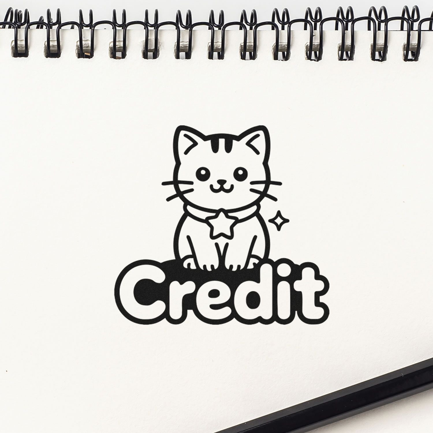 Cute cat credit rubber stamp imprint for planners, notebooks, and stationery crafts.