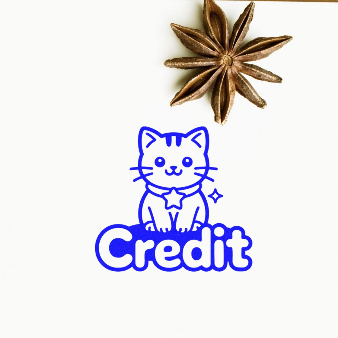 Credit rubber stamp with cute cat design, ideal for crafting, journaling, and stationery labeling.