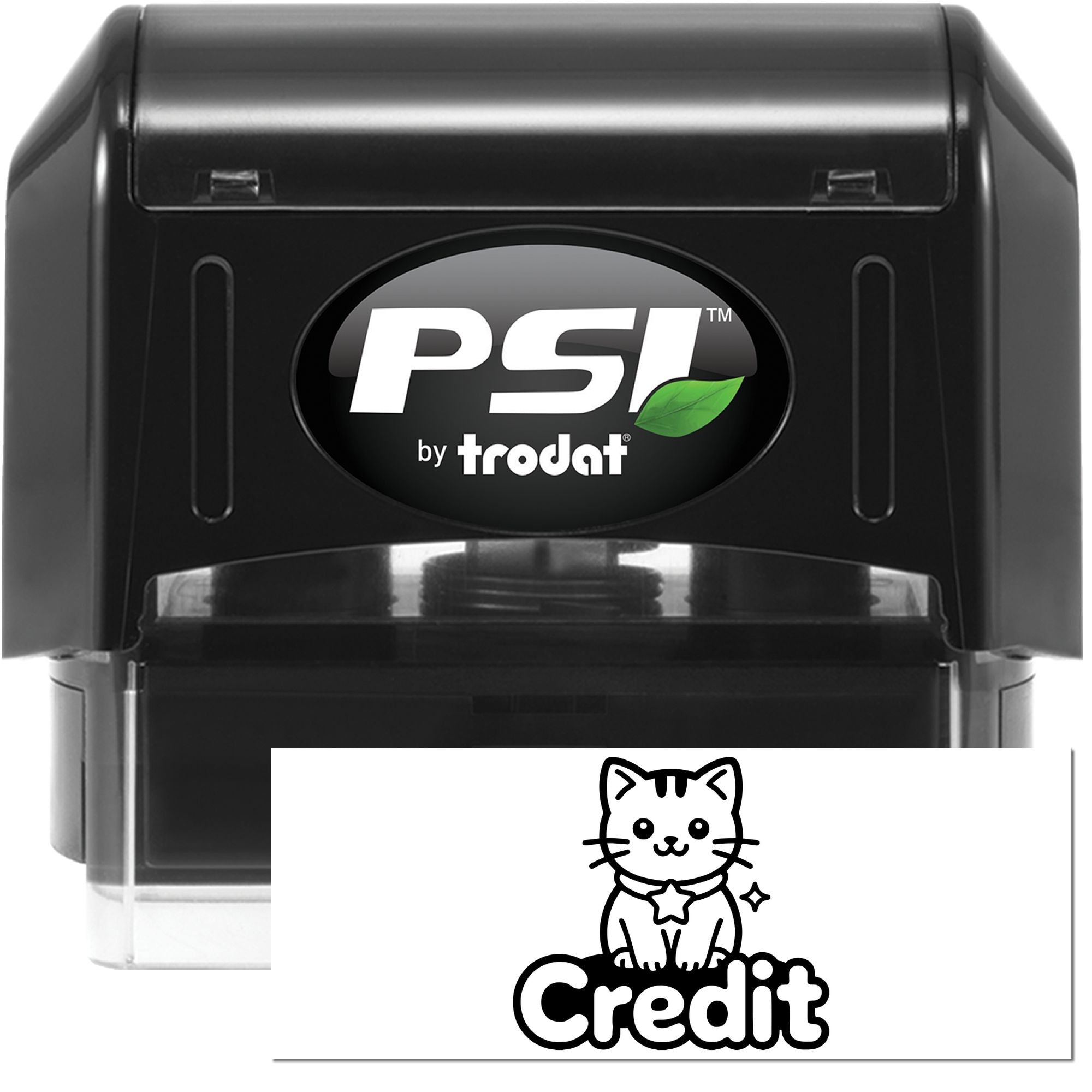 PSI by Trodat self-inking rubber stamp with custom cat Credit imprint for office document approval.