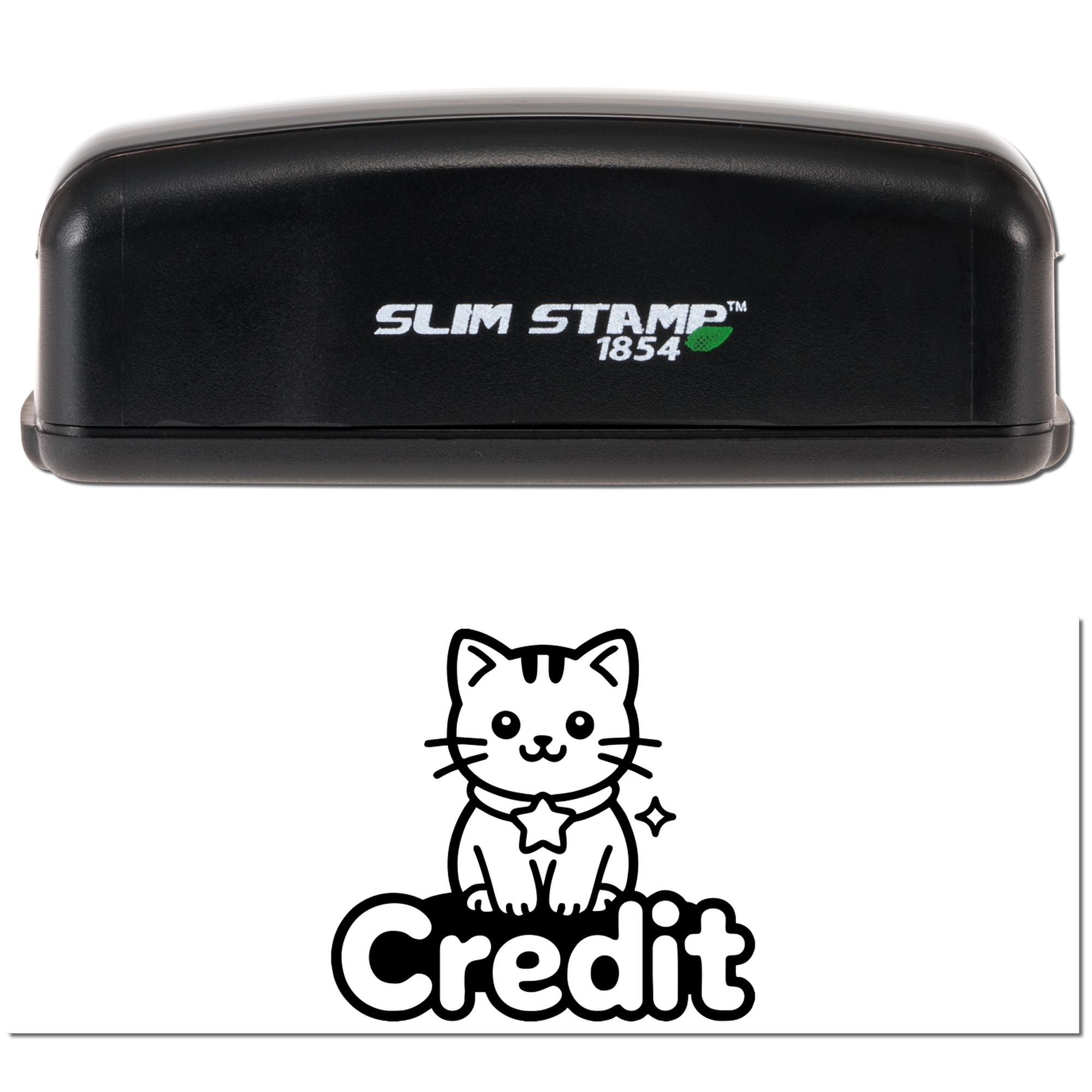 Slim Stamp 1854 custom rubber stamp with cat credit logo design for quick branding or packaging.
