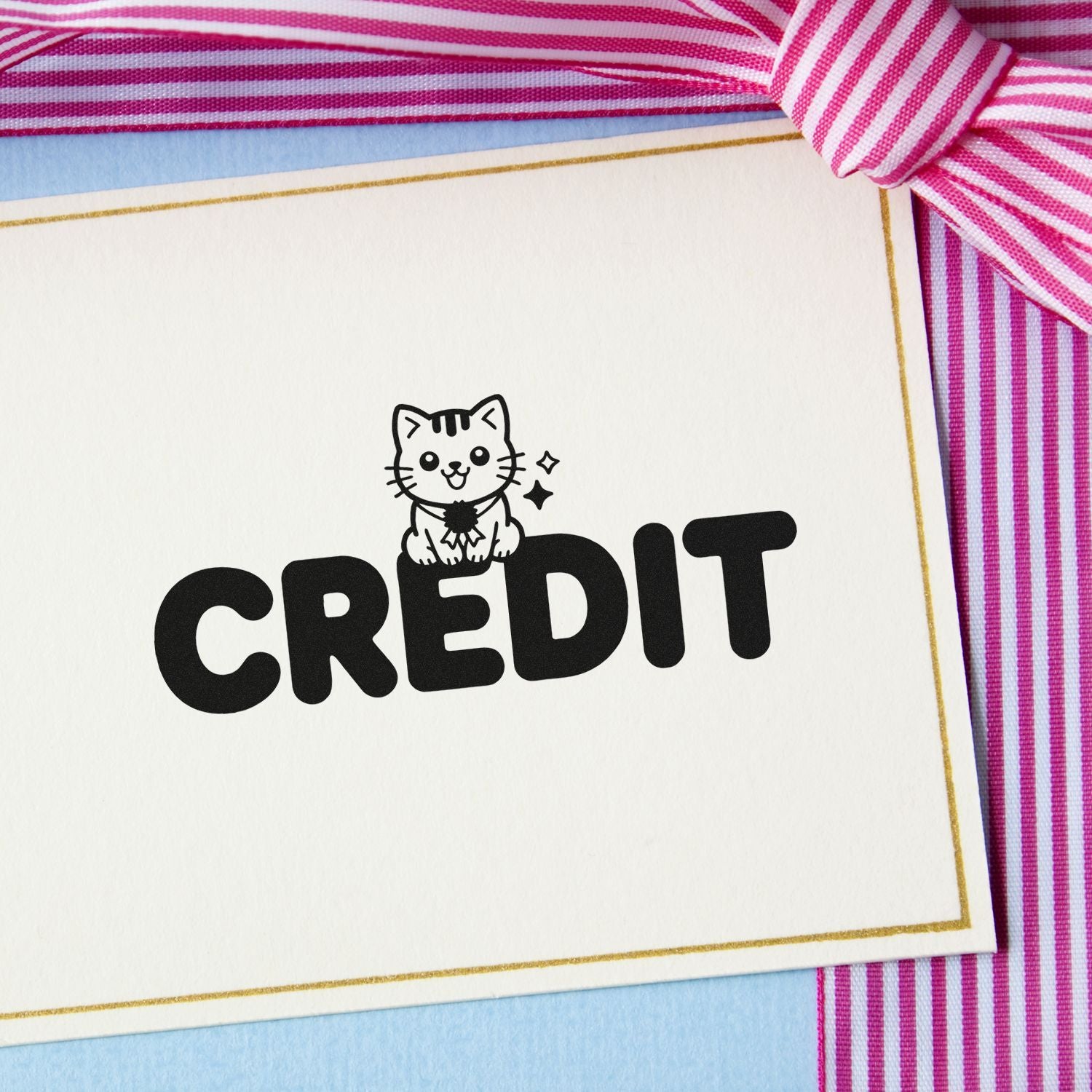 Cat credit rubber stamp on custom stationery, ideal for craft branding and thank-you cards