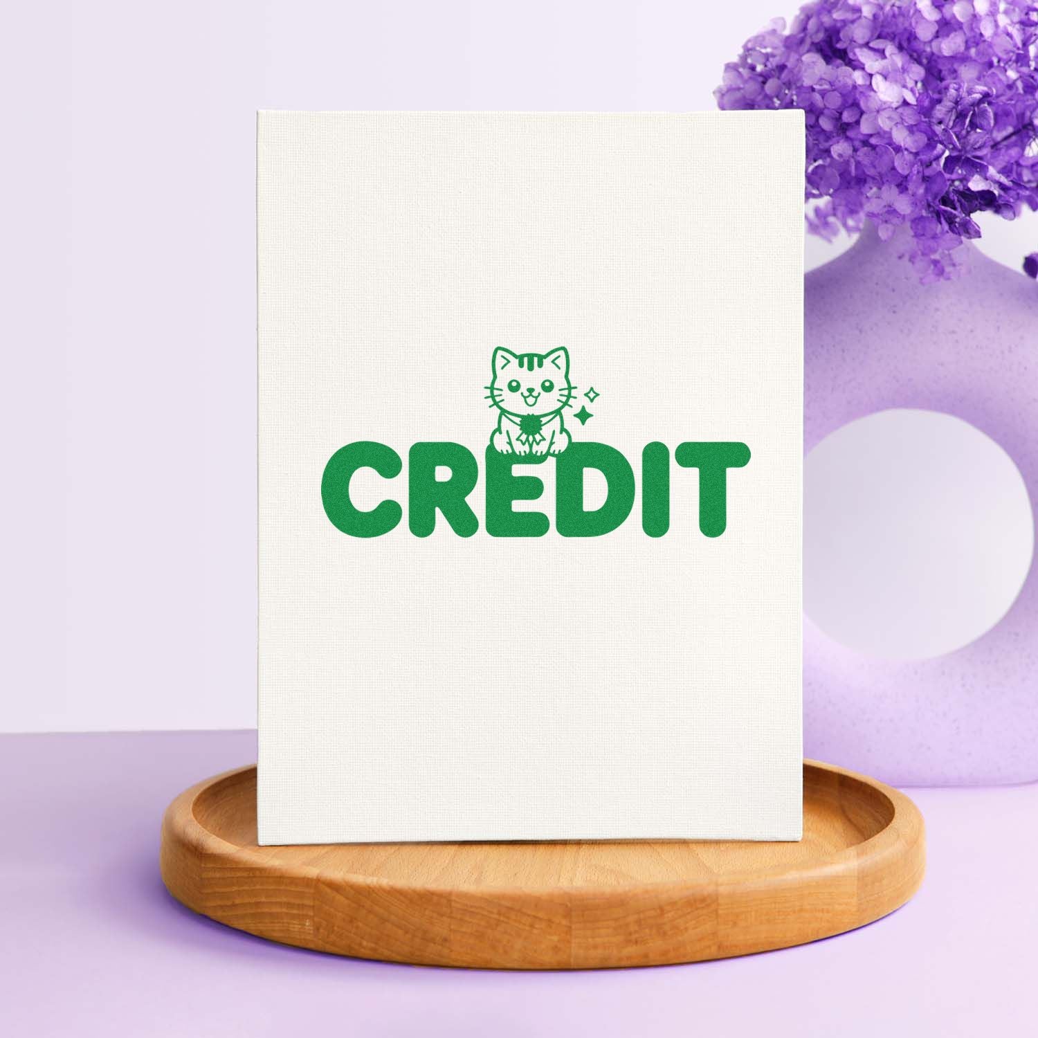 Green CREDIT rubber stamp with cute cat icon, ideal for bookkeeping, labeling, and office organization.