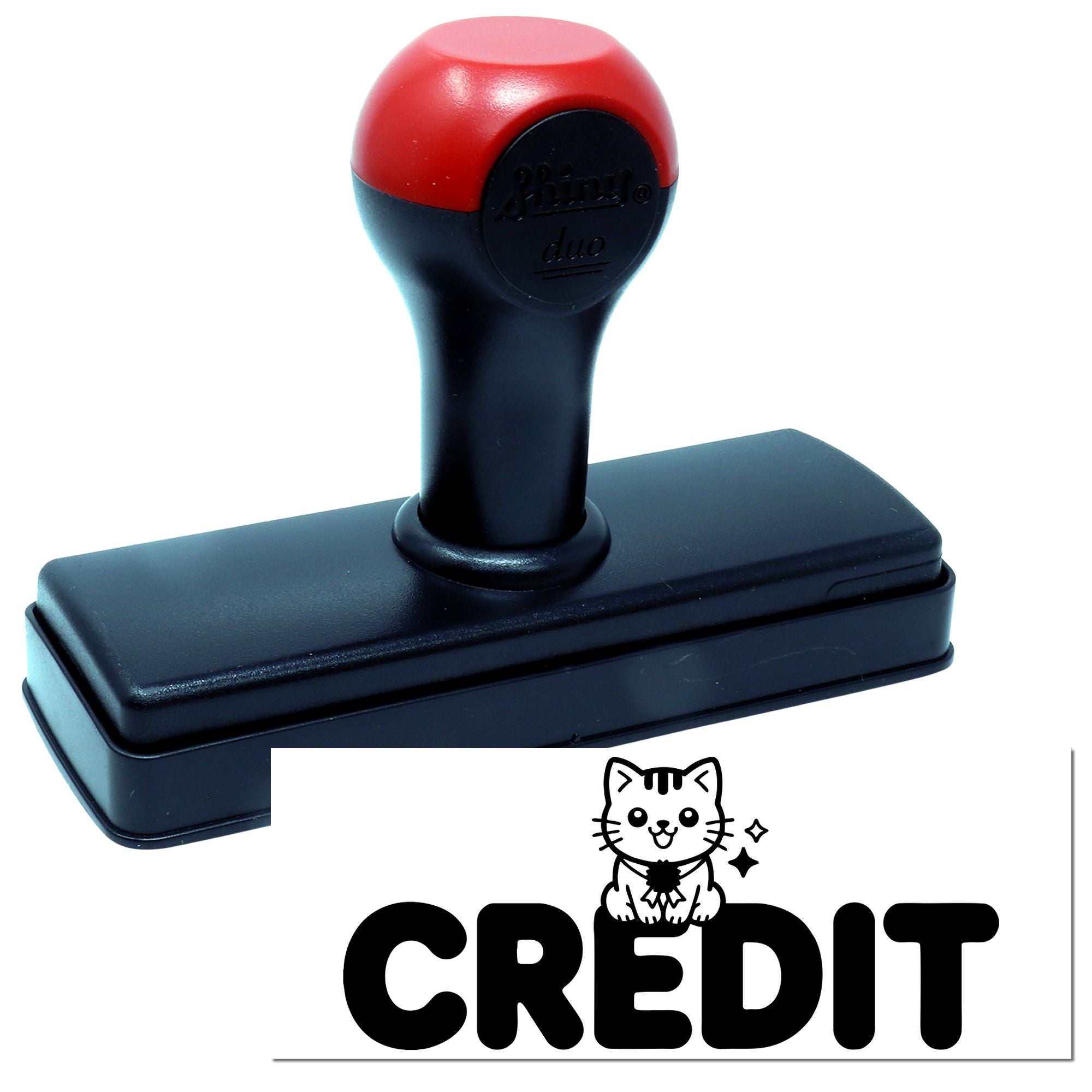 Self-inking rubber stamp with CREDIT cat design, ideal for marking approved credit on office and bookkeeping documents.