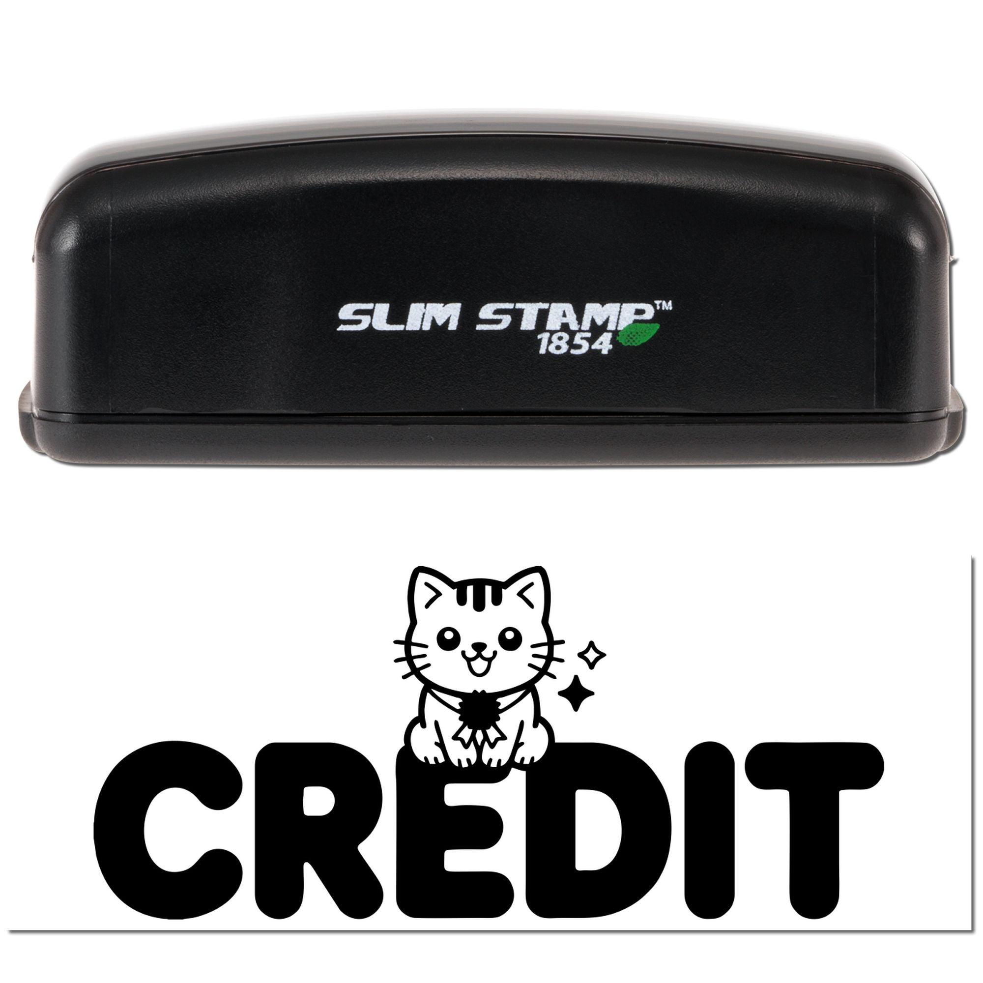 Slim Stamp 1854 self-inking rubber stamp with cat and CREDIT imprint for branded paperwork or custom business stamping.