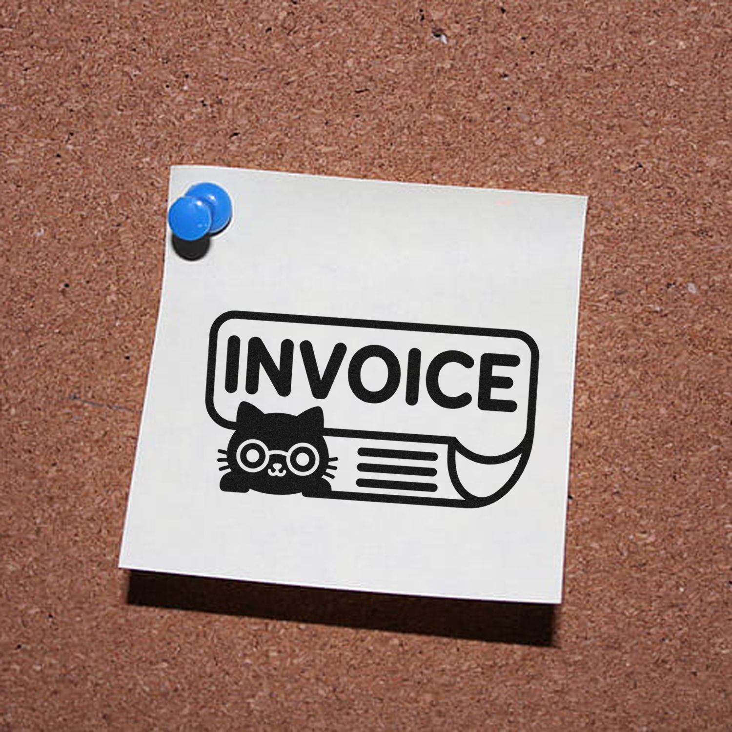 Invoice rubber stamp design with cat icon for marking billing documents and office paperwork.