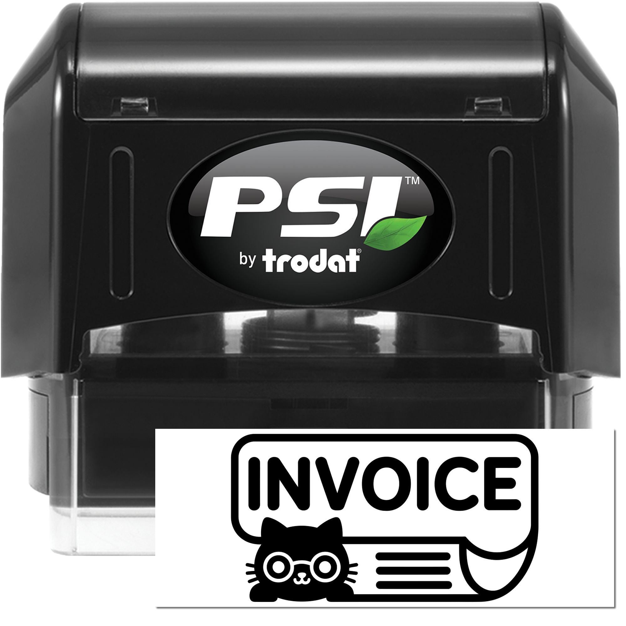 PSI by Trodat self-inking rubber stamp with custom invoice design for office paperwork and business labeling.