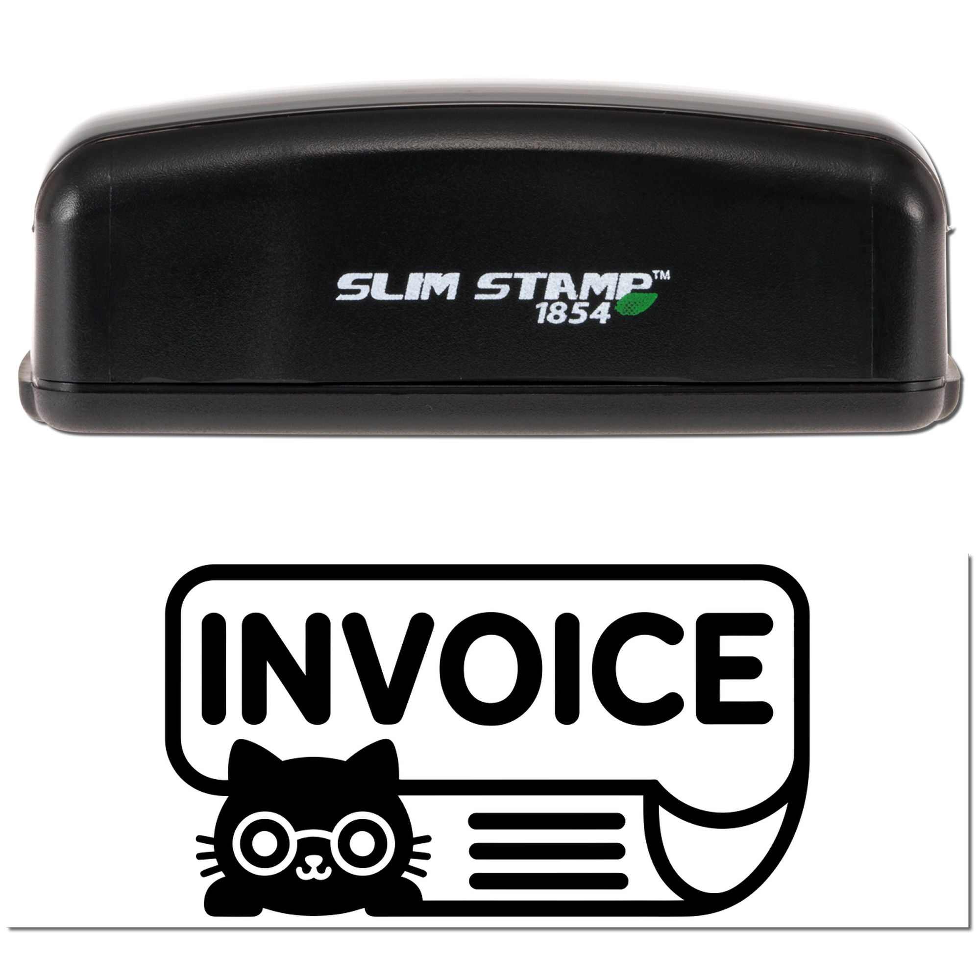 Custom invoice rubber stamp with cat logo, showing Slim Stamp 1854 handheld stamp and invoice imprint preview.